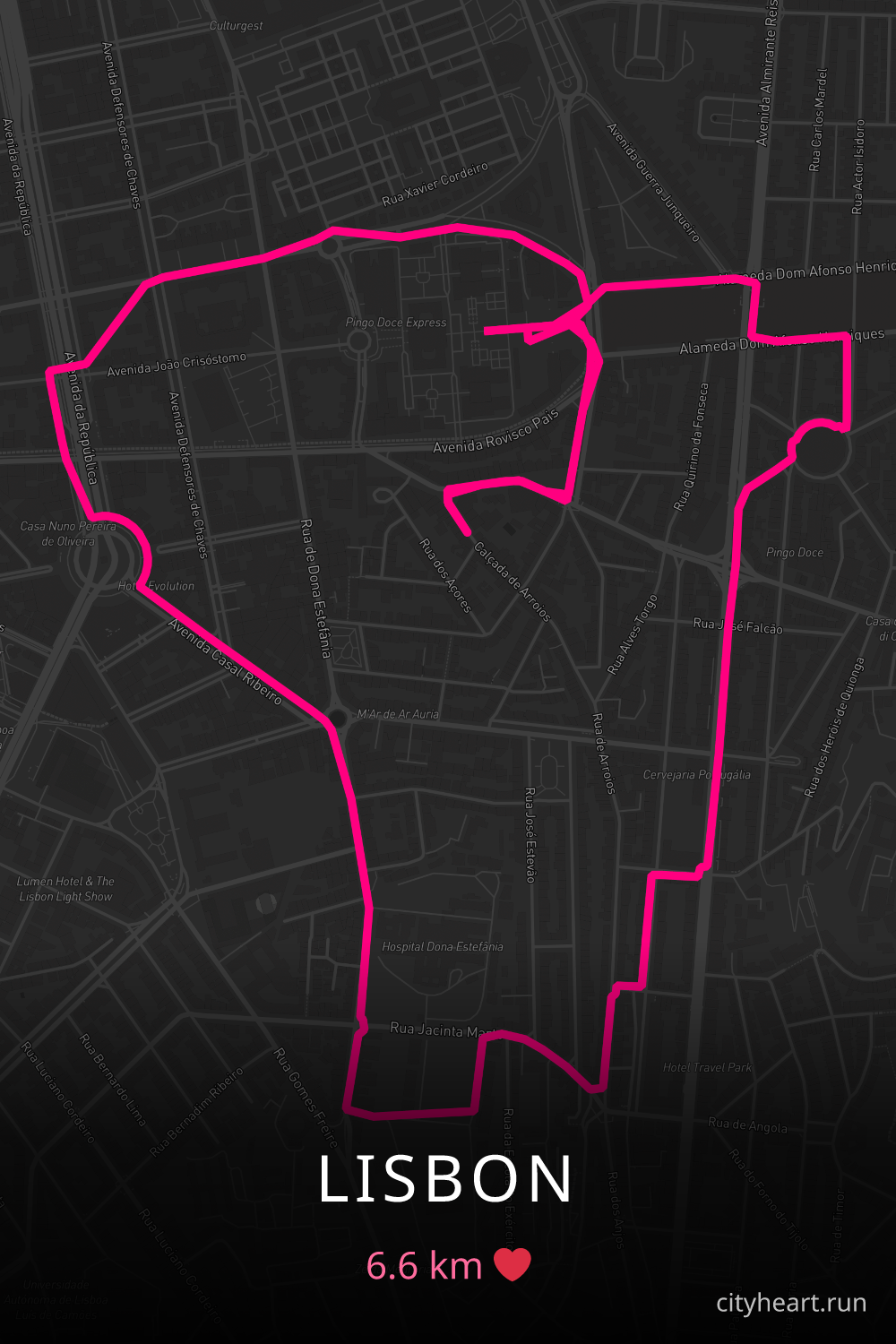 Heart-shaped running route in Lisbon, 6.6 km — GPS art for Strava