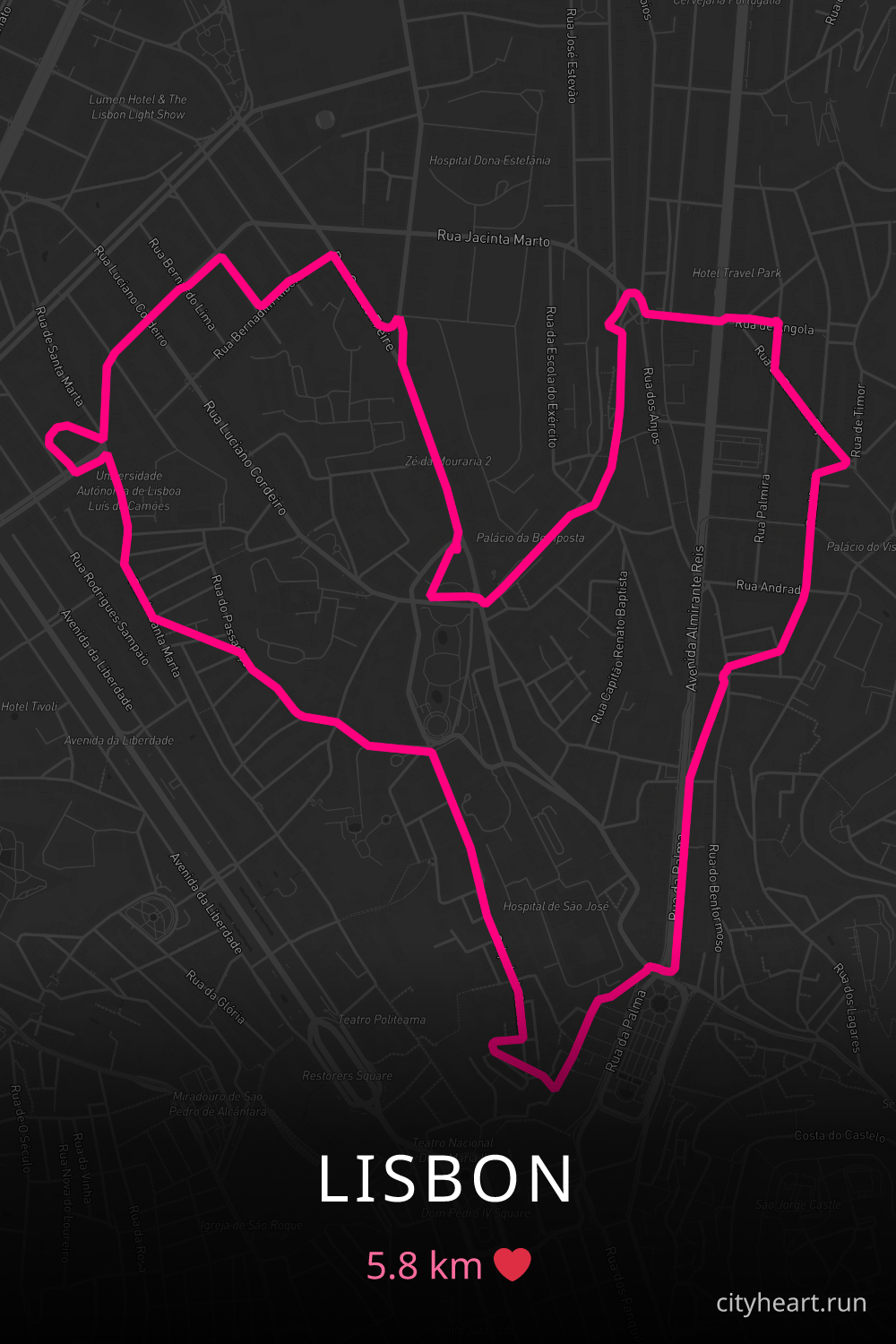 Heart-shaped running route in Lisbon, 5.8 km — GPS art for Strava