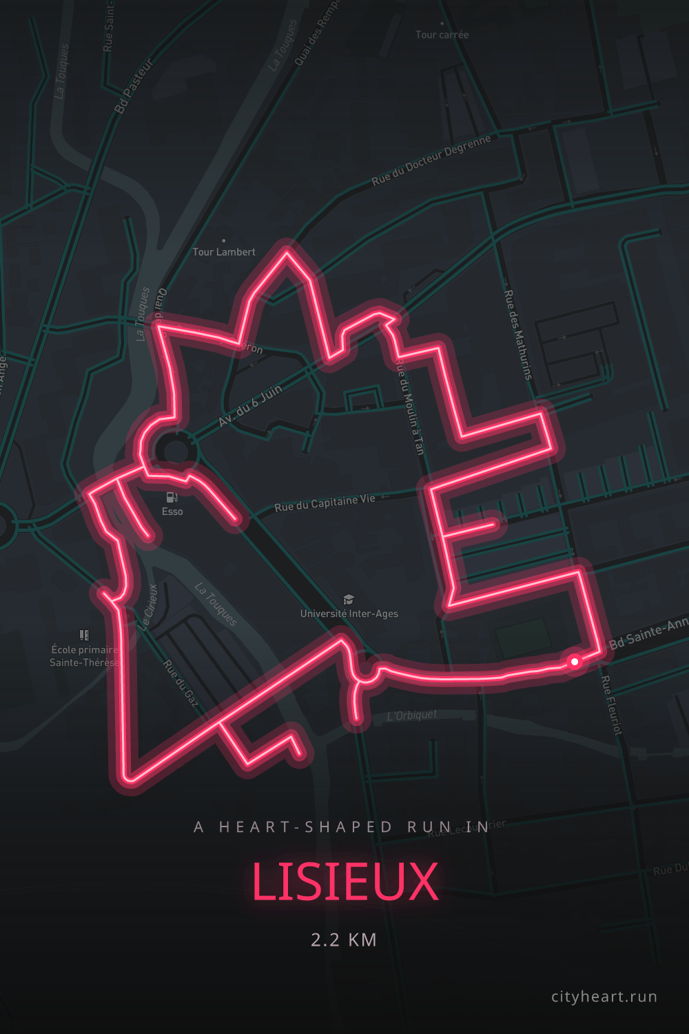 Heart-shaped running route in Lisieux, 2.2 km — GPS art for Strava