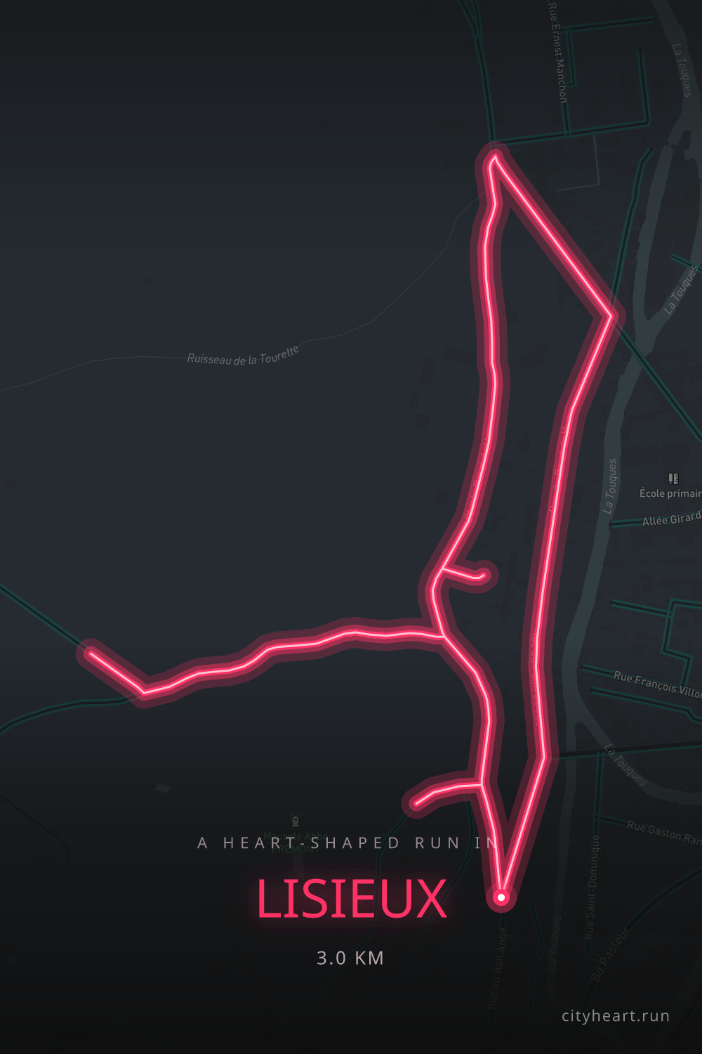 Heart-shaped running route in Lisieux, 3.0 km — GPS art for Strava