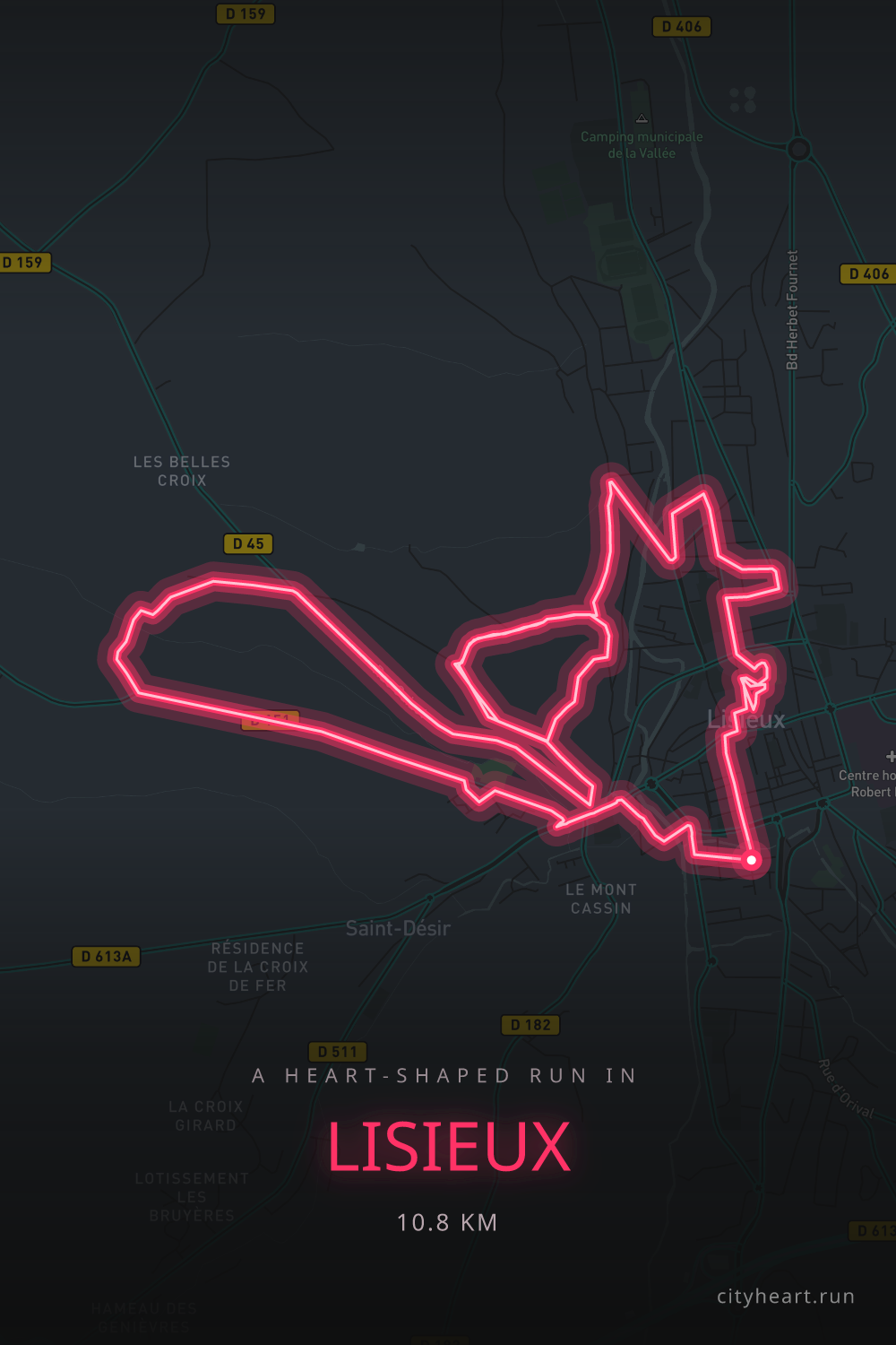 Heart-shaped running route in Lisieux, 10.8 km — GPS art for Strava