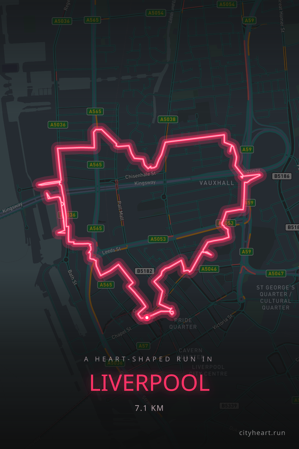 Heart-shaped running route in Liverpool, 7.2 km — GPS art for Strava