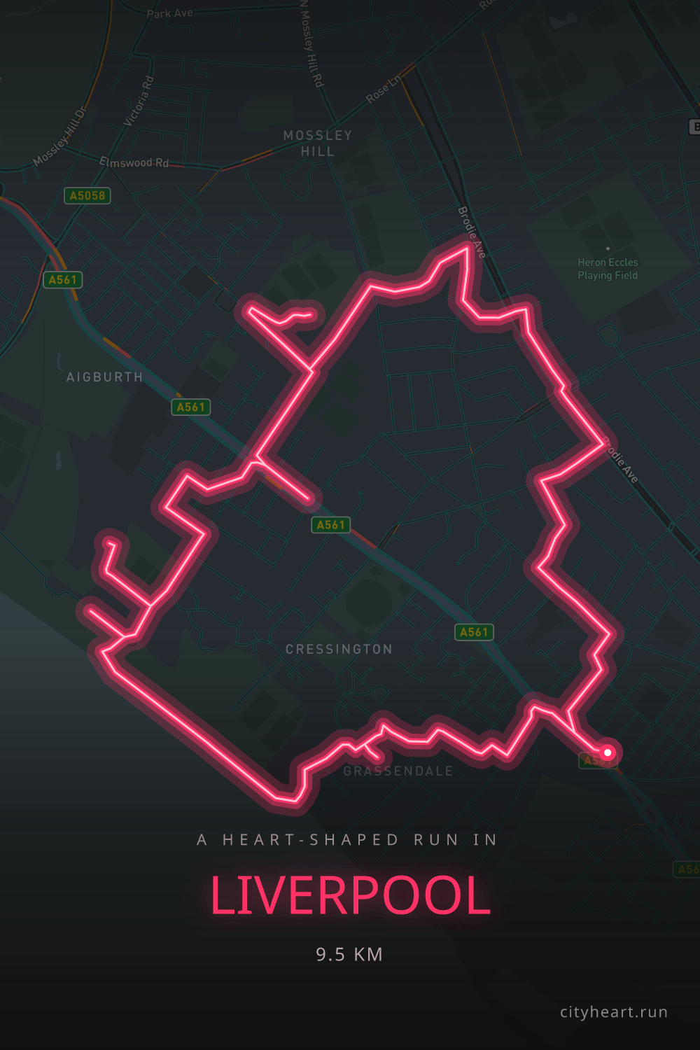 Heart-shaped running route in Liverpool, 9.6 km — GPS art for Strava