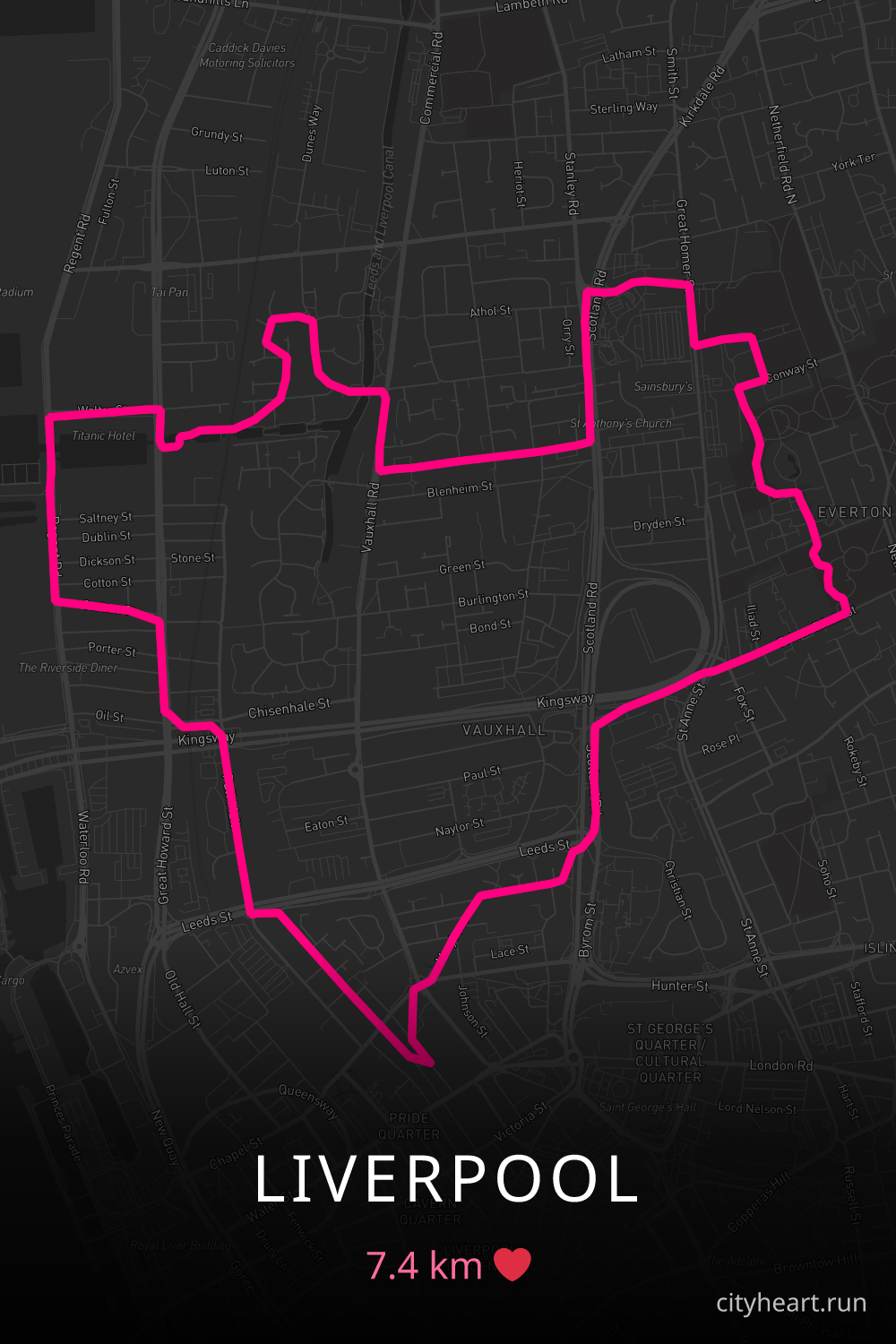Heart-shaped running route in Liverpool, 7.4 km — GPS art for Strava