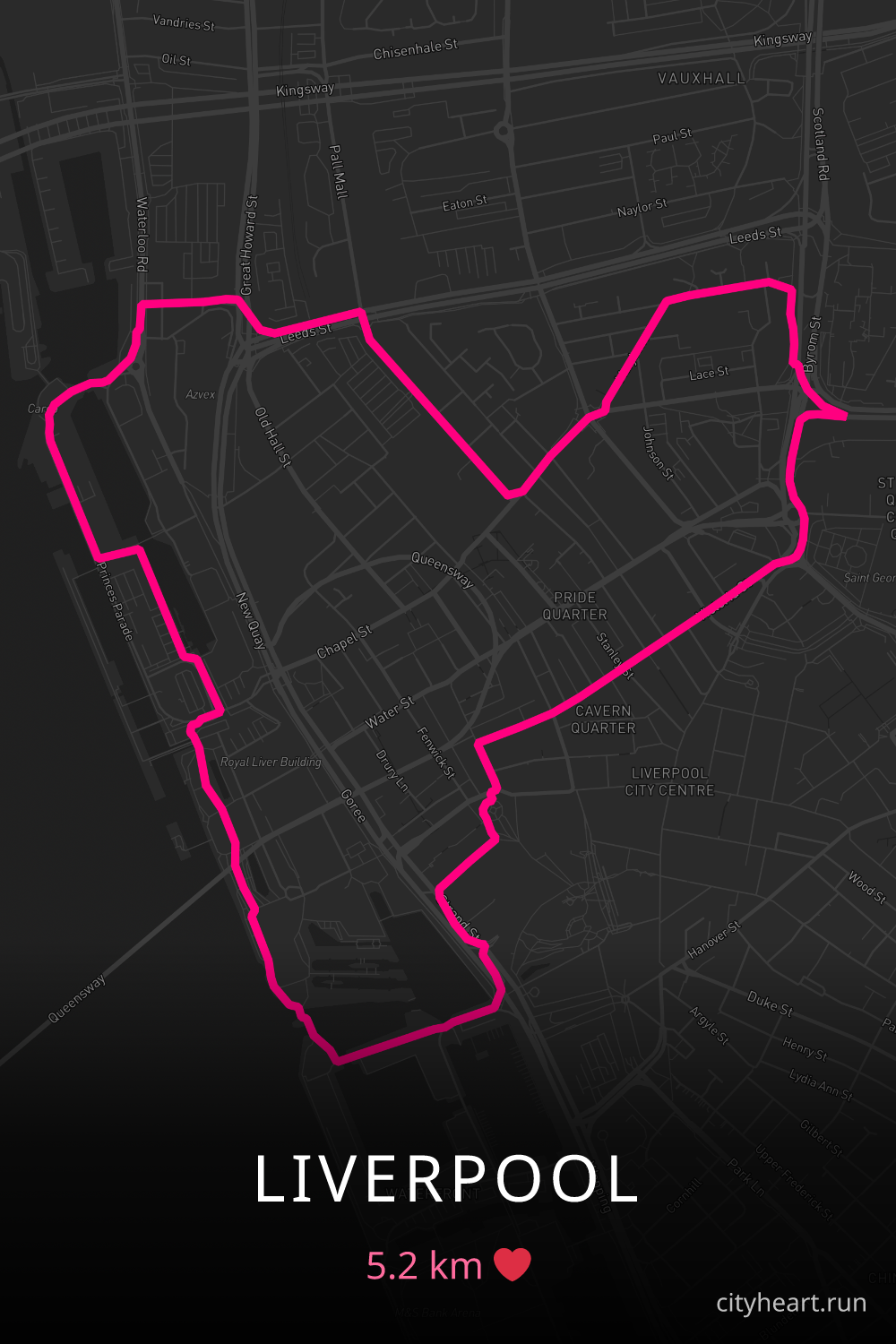 Heart-shaped running route in Liverpool, 5.2 km — GPS art for Strava