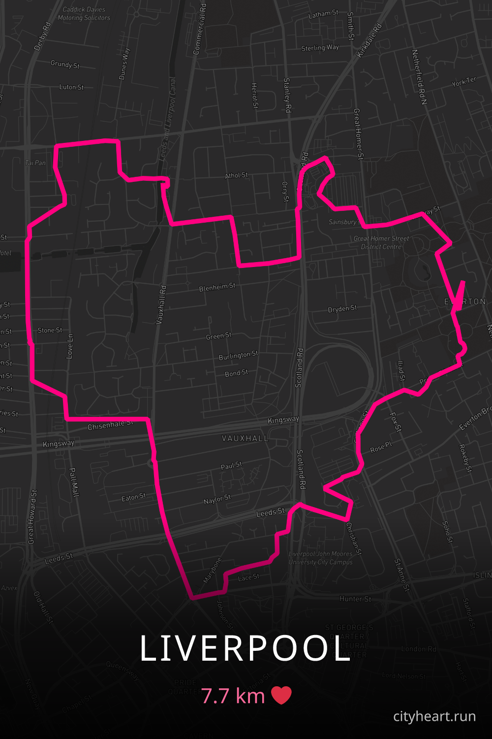 Heart-shaped running route in Liverpool, 7.7 km — GPS art for Strava