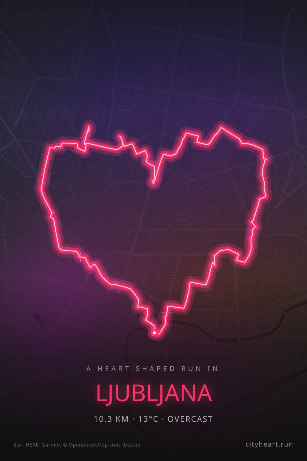 Heart-shaped running route in Ljubljana, 10.8 km — GPS art for Strava