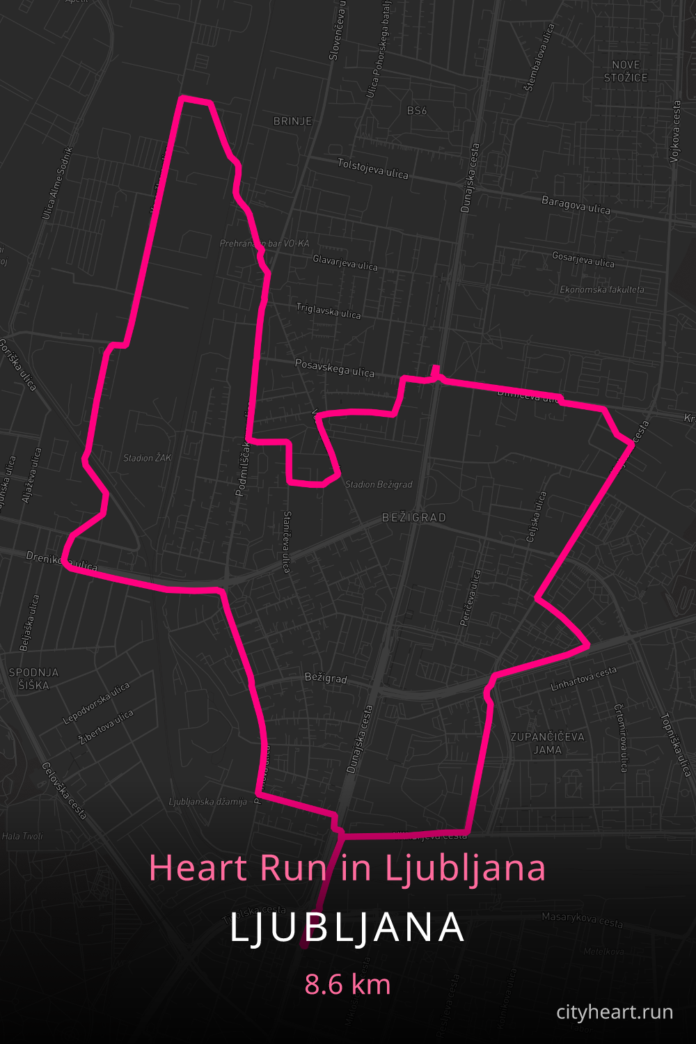 Heart-shaped running route in Ljubljana, 8.6 km — GPS art for Strava