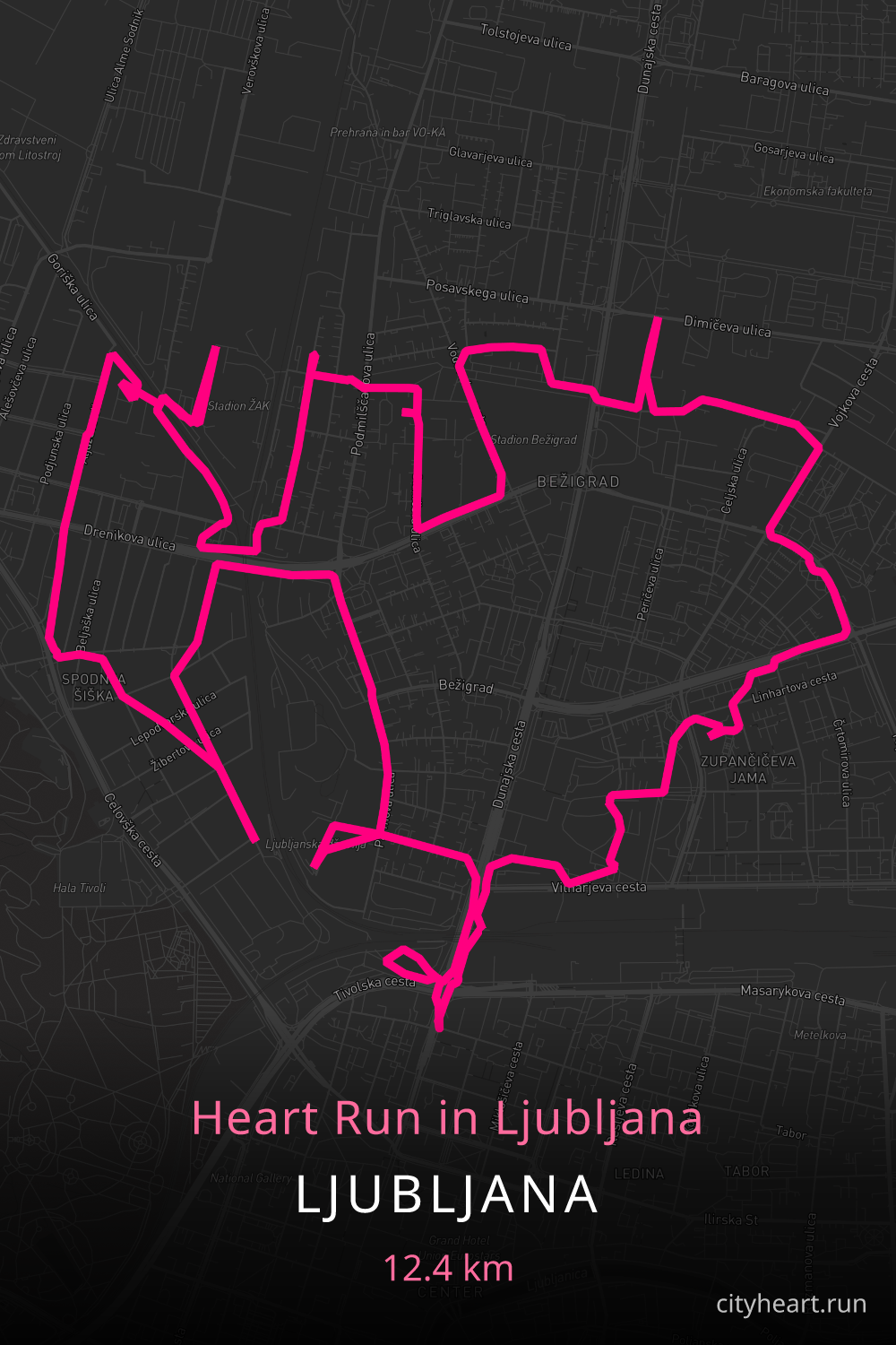 Heart-shaped running route in Ljubljana, 12.4 km — GPS art for Strava