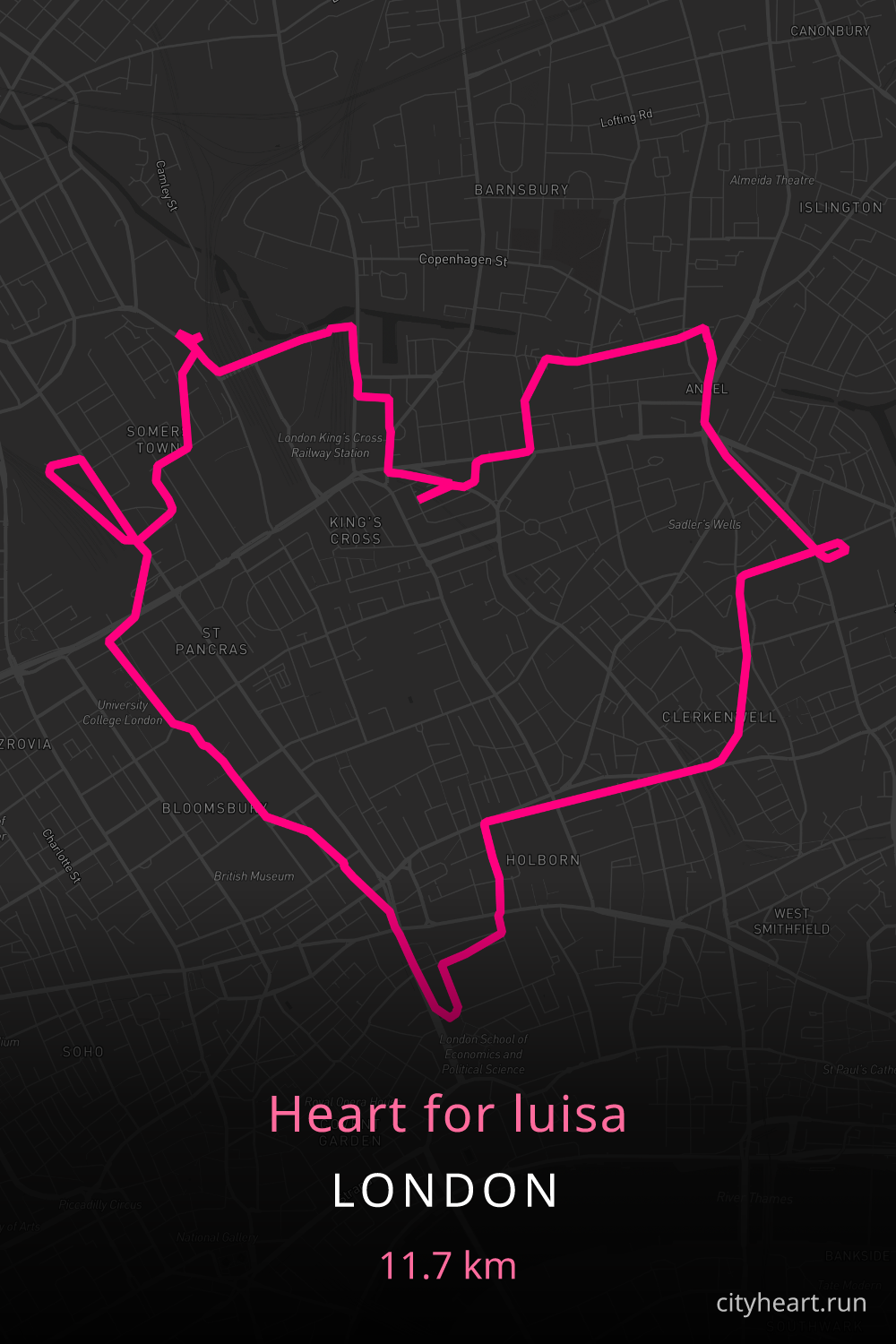 Heart-shaped running route in London, 11.7 km — GPS art for Strava