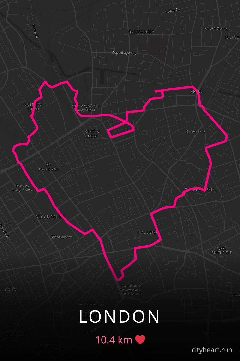 Heart-shaped running route in London, 10.4 km — GPS art for Strava