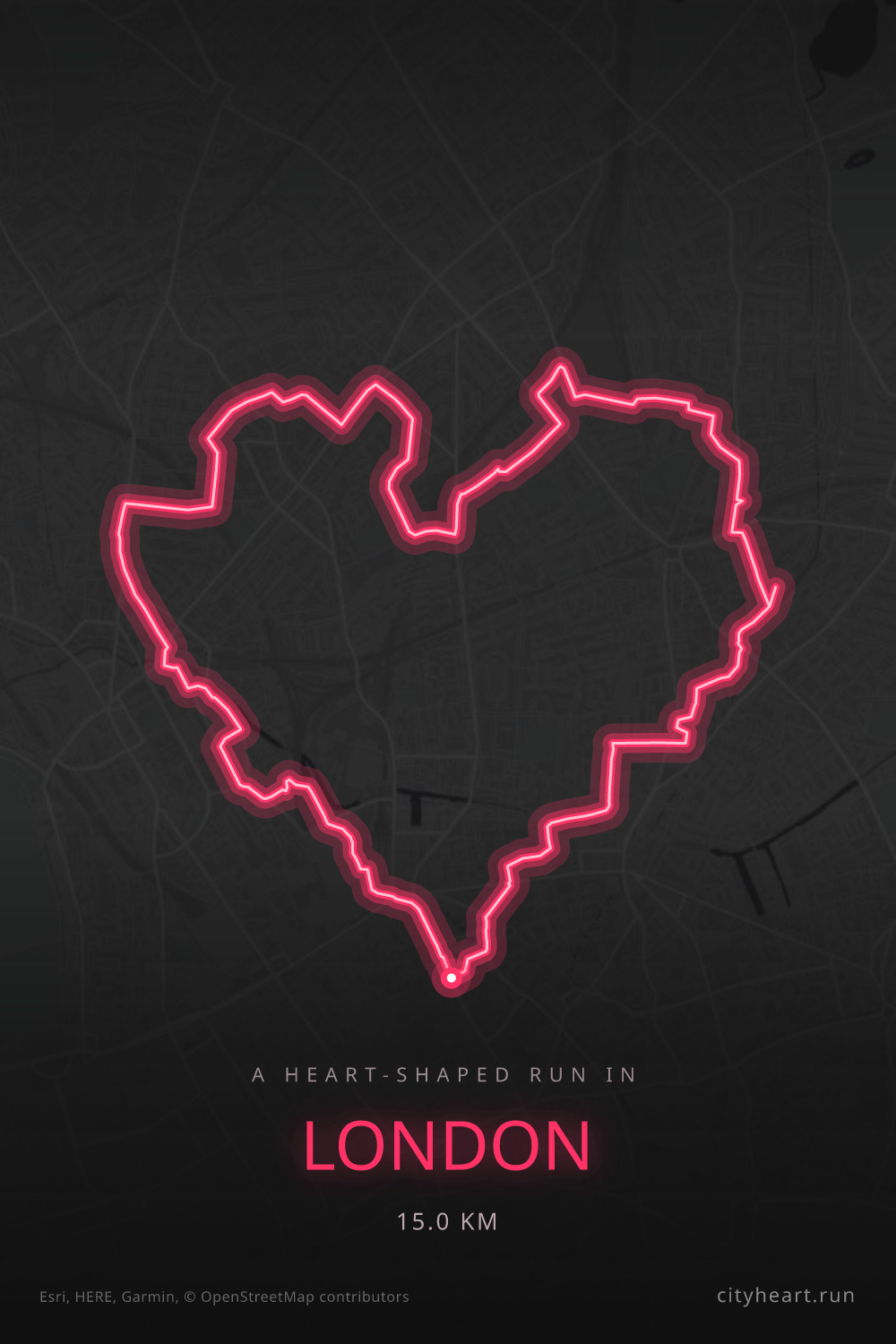 Heart-shaped running route in London, 15.0 km — GPS art for Strava
