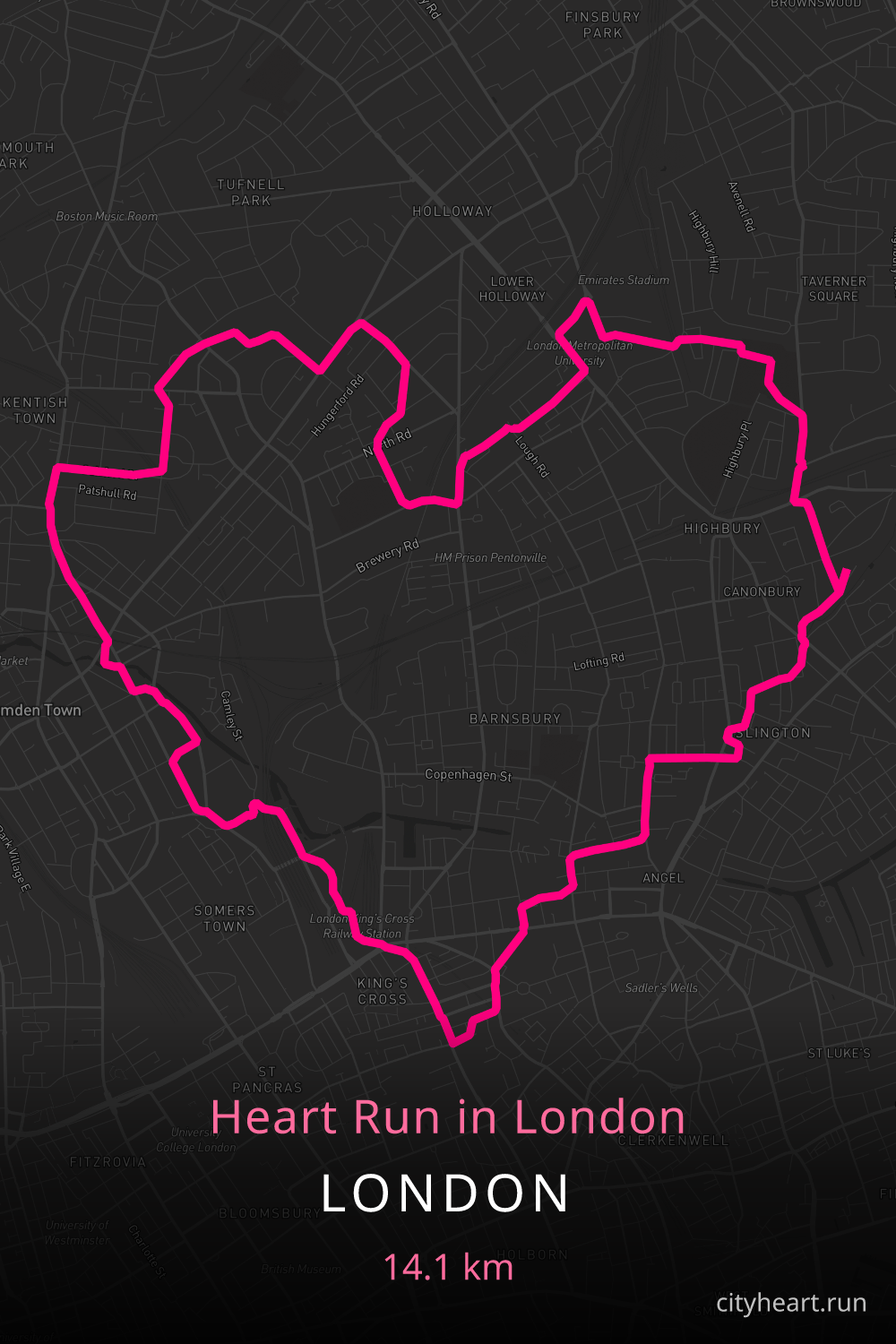 Heart-shaped running route in London, 15.0 km — GPS art for Strava