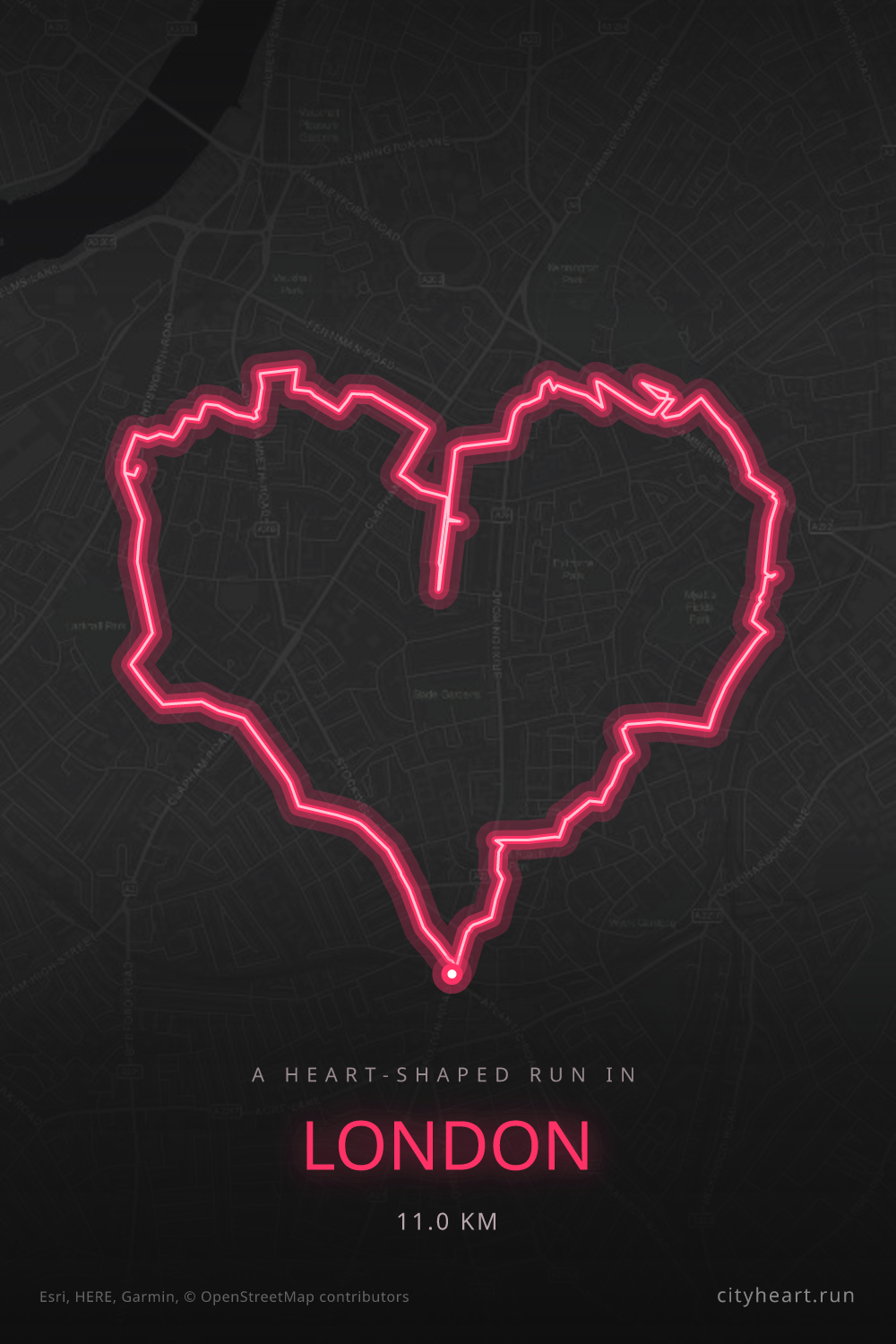 Heart-shaped running route in London, 11.0 km — GPS art for Strava