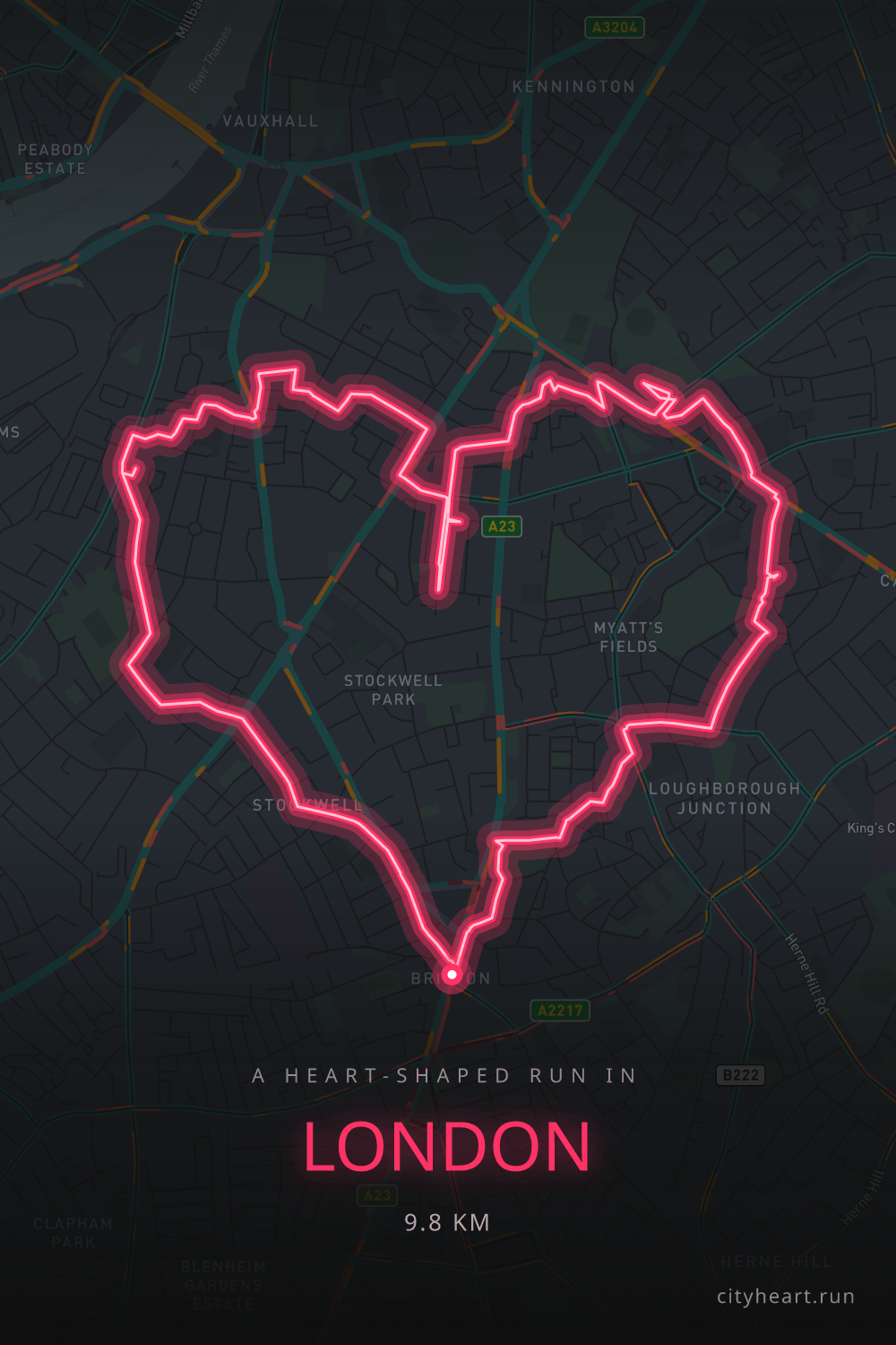 Heart-shaped running route in London, 11.0 km — GPS art for Strava