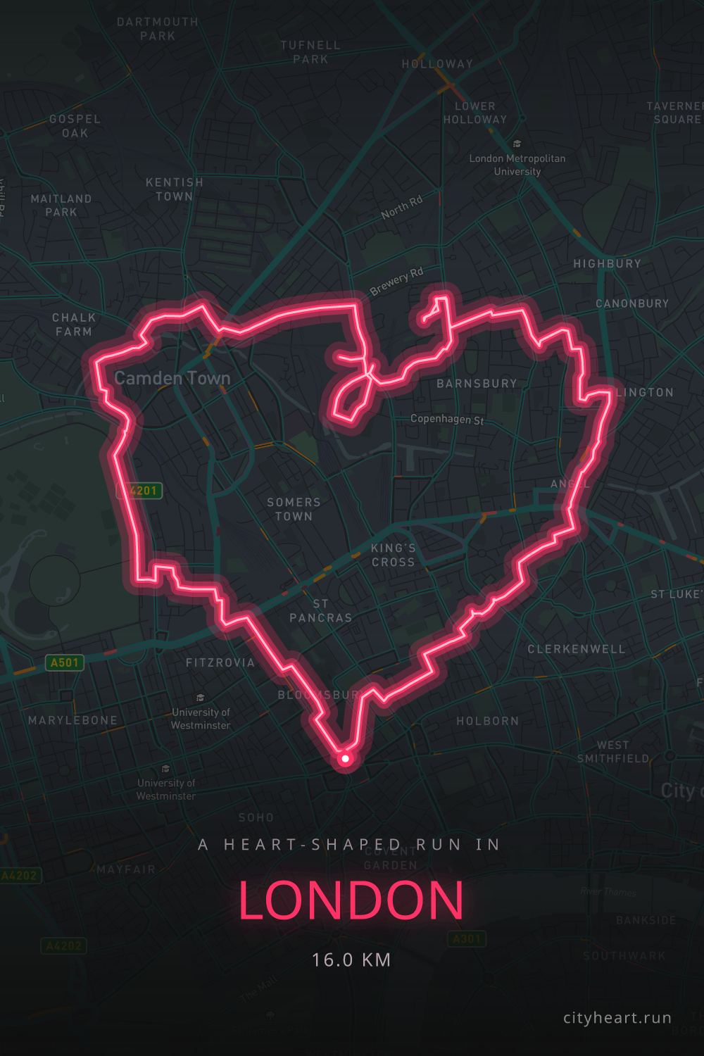 Heart-shaped running route in London, 16.8 km — GPS art for Strava