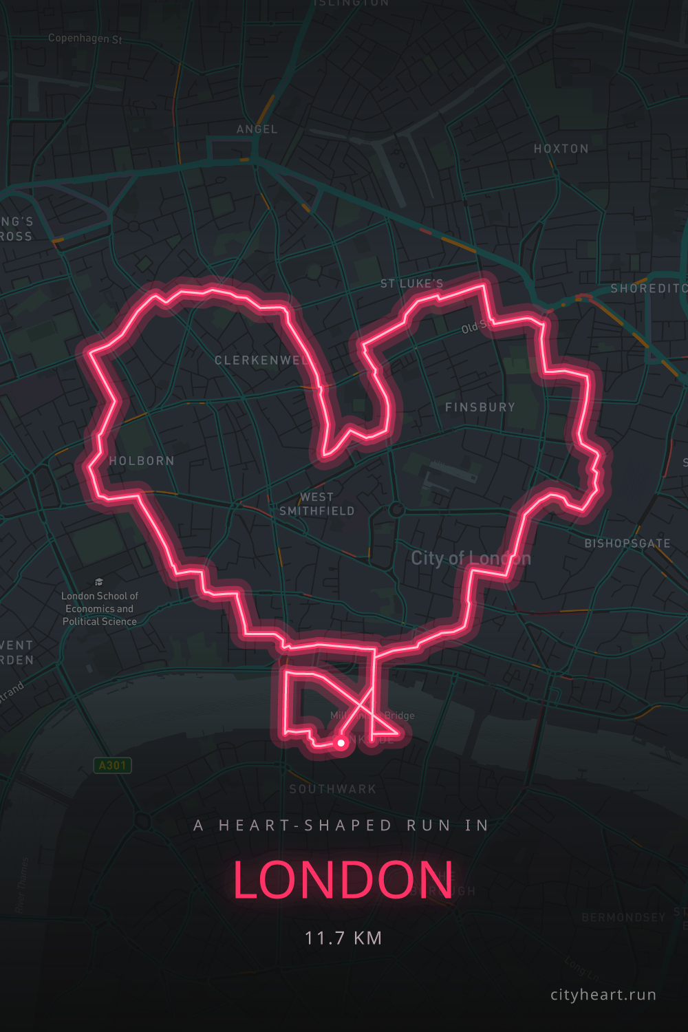 Heart-shaped running route in London, 13.4 km — GPS art for Strava