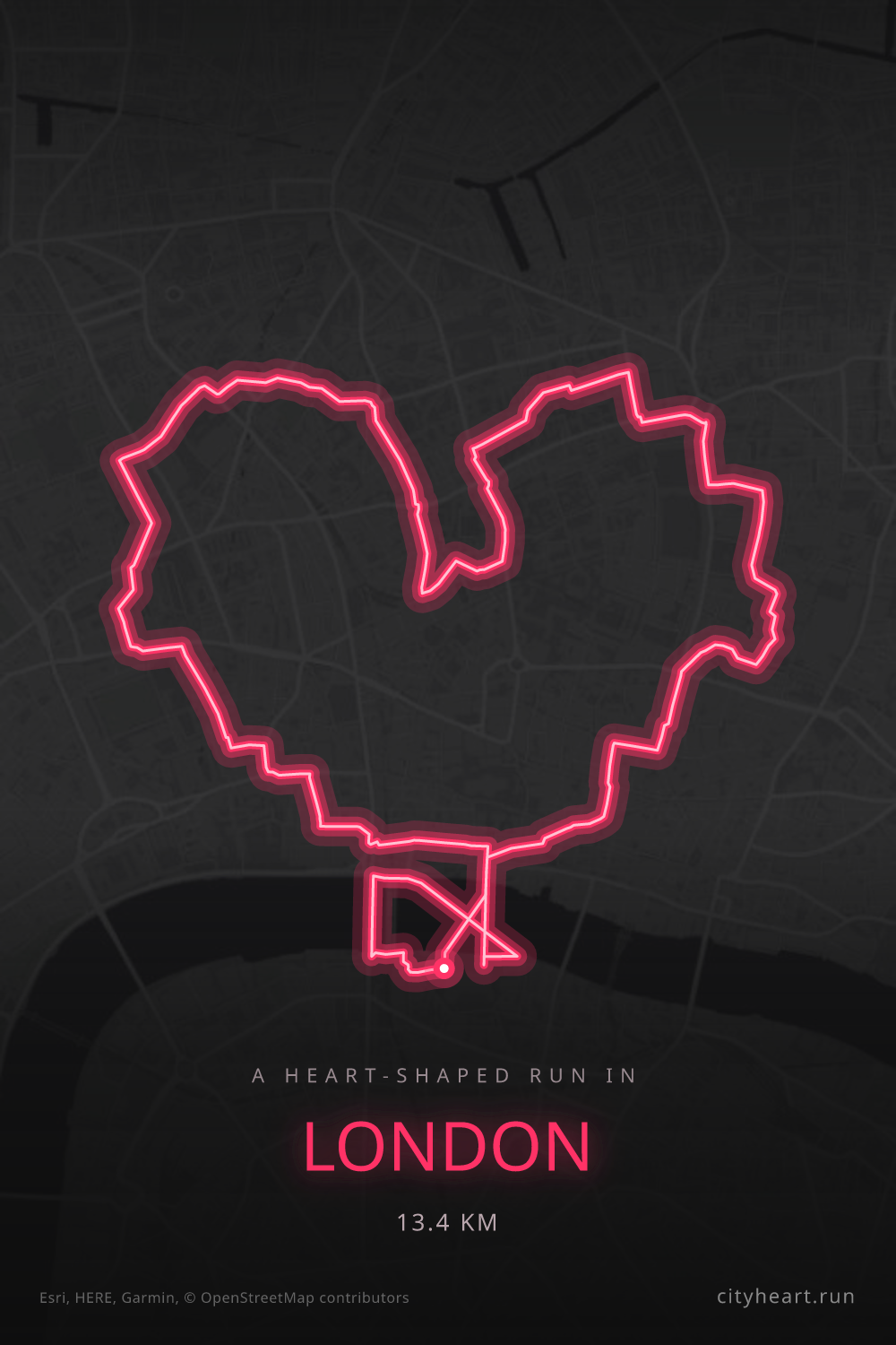 Heart-shaped running route in London, 13.4 km — GPS art for Strava