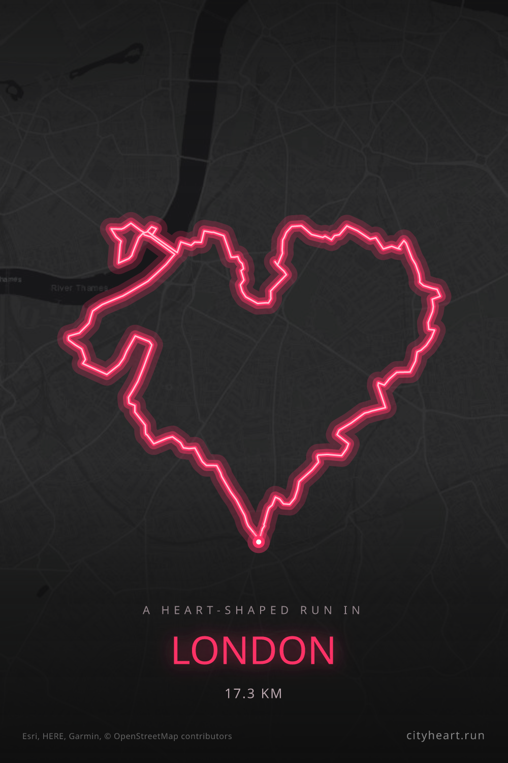 Heart-shaped running route in London, 17.3 km — GPS art for Strava