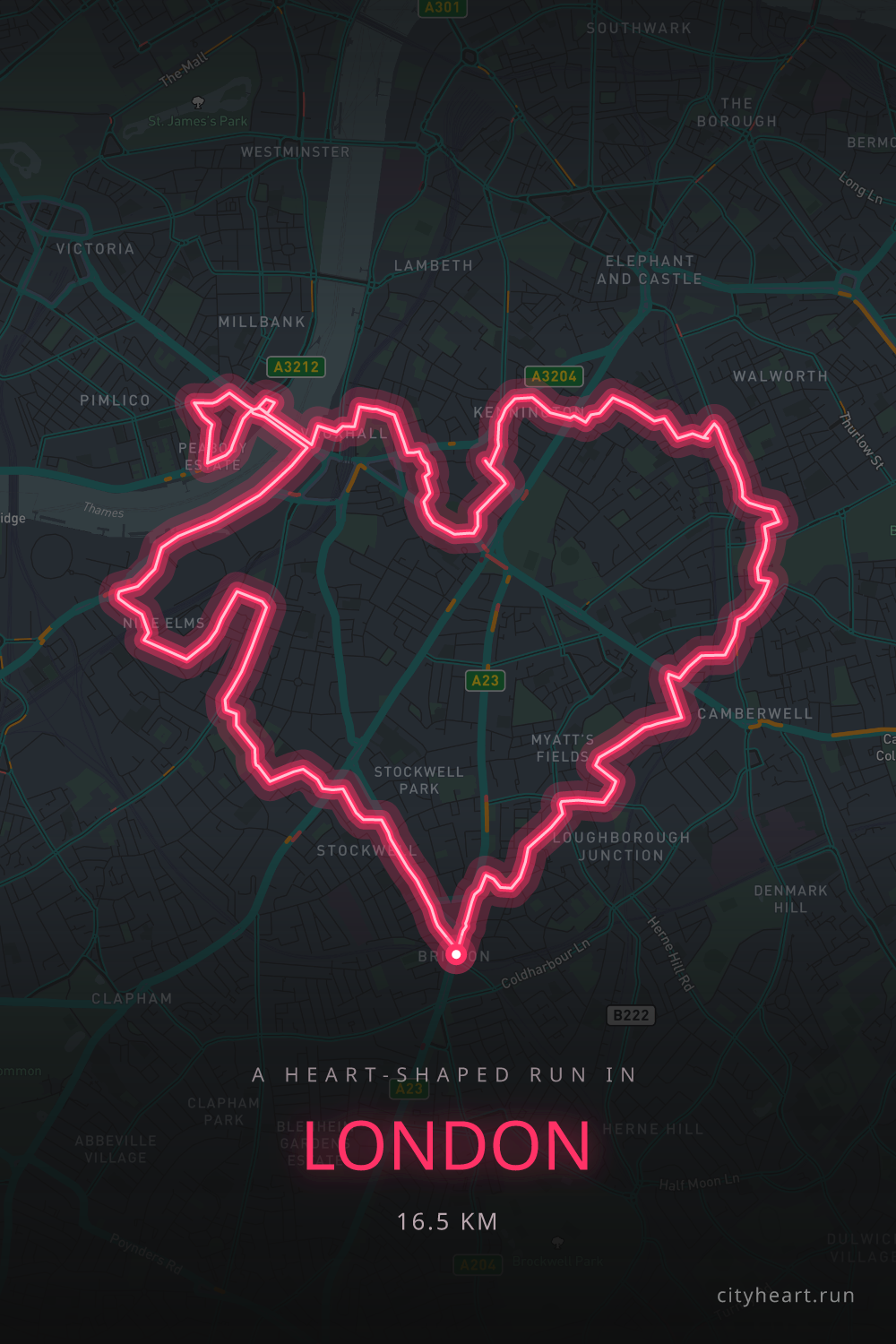 Heart-shaped running route in London, 17.3 km — GPS art for Strava