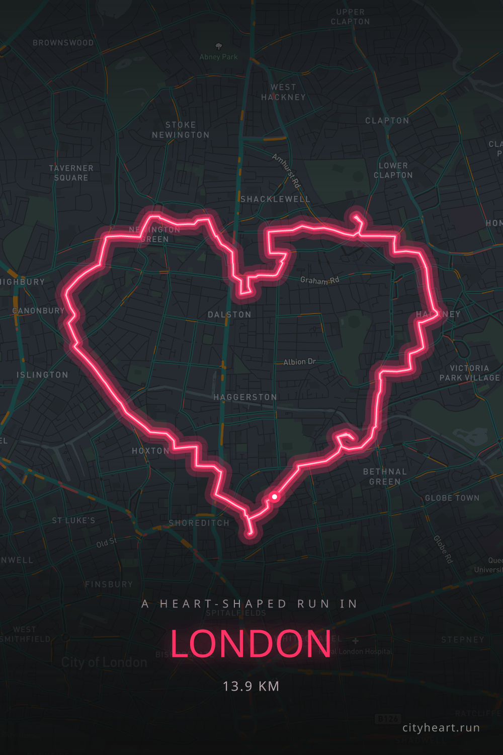 Heart-shaped running route in London, 14.4 km — GPS art for Strava