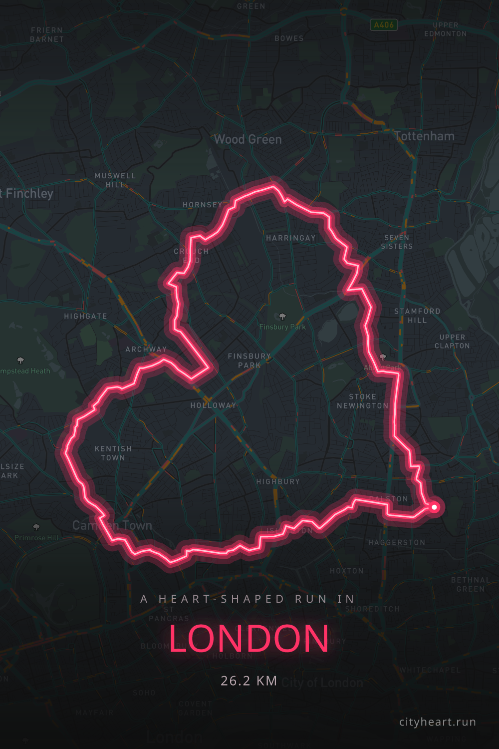 Heart-shaped running route in London, 27.6 km — GPS art for Strava