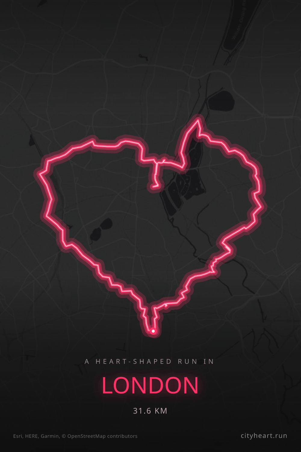 Heart-shaped running route in London, 31.6 km — GPS art for Strava