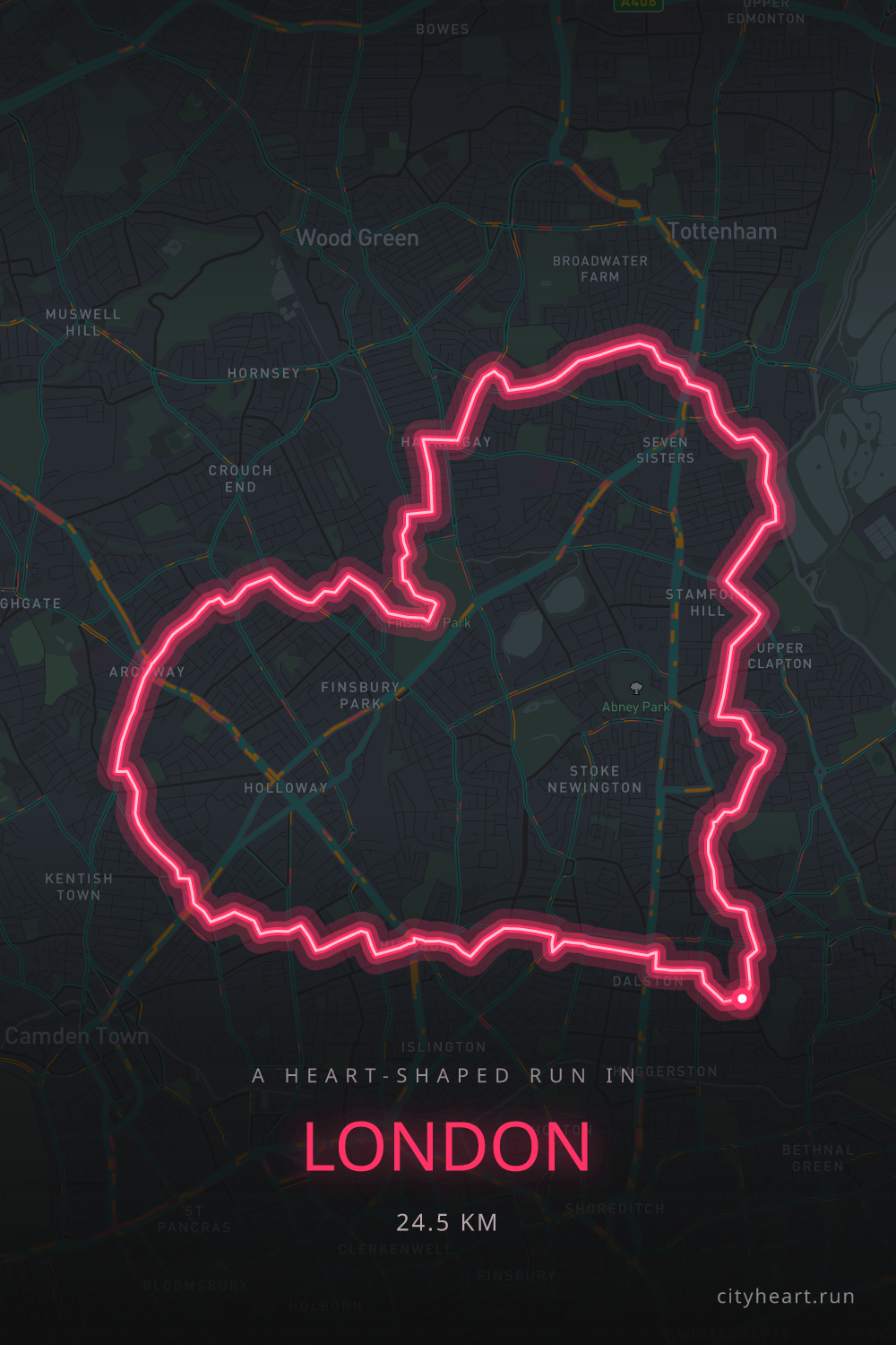 Heart-shaped running route in London, 31.6 km — GPS art for Strava