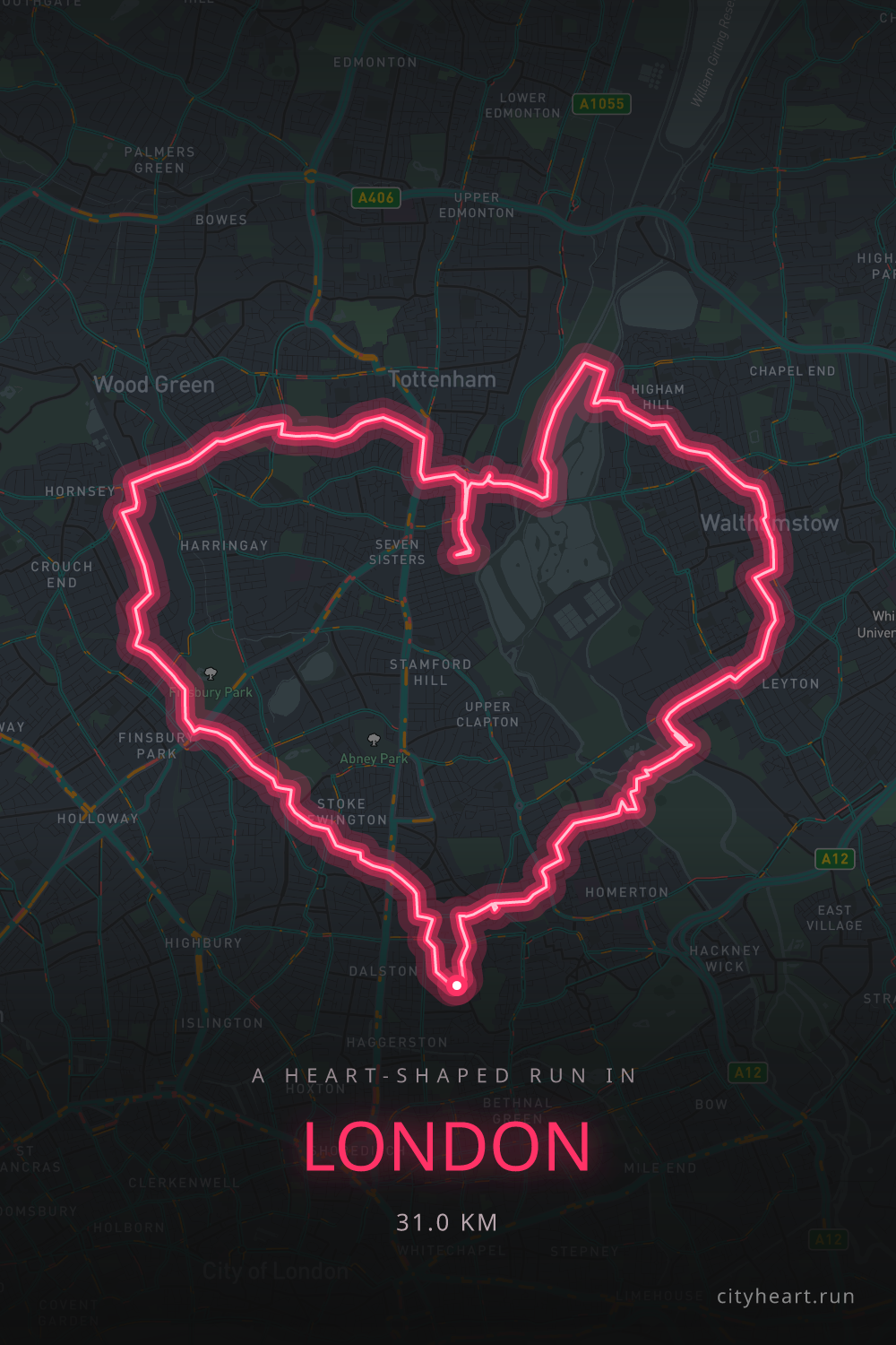 Heart-shaped running route in London, 33.1 km — GPS art for Strava