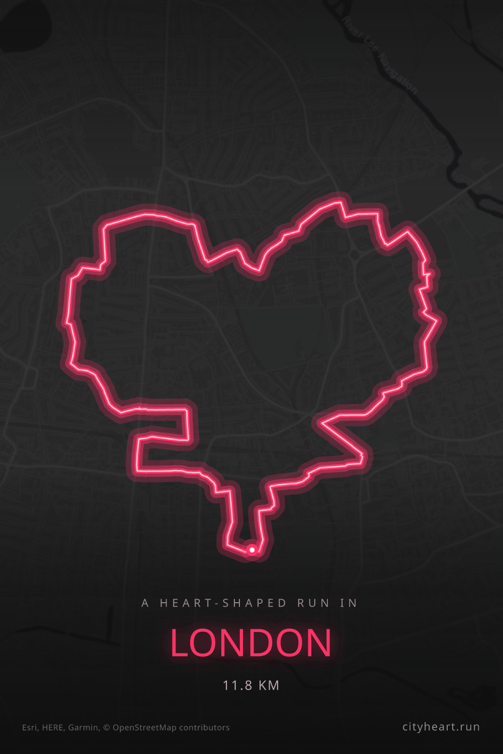 Heart-shaped running route in London, 11.8 km — GPS art for Strava