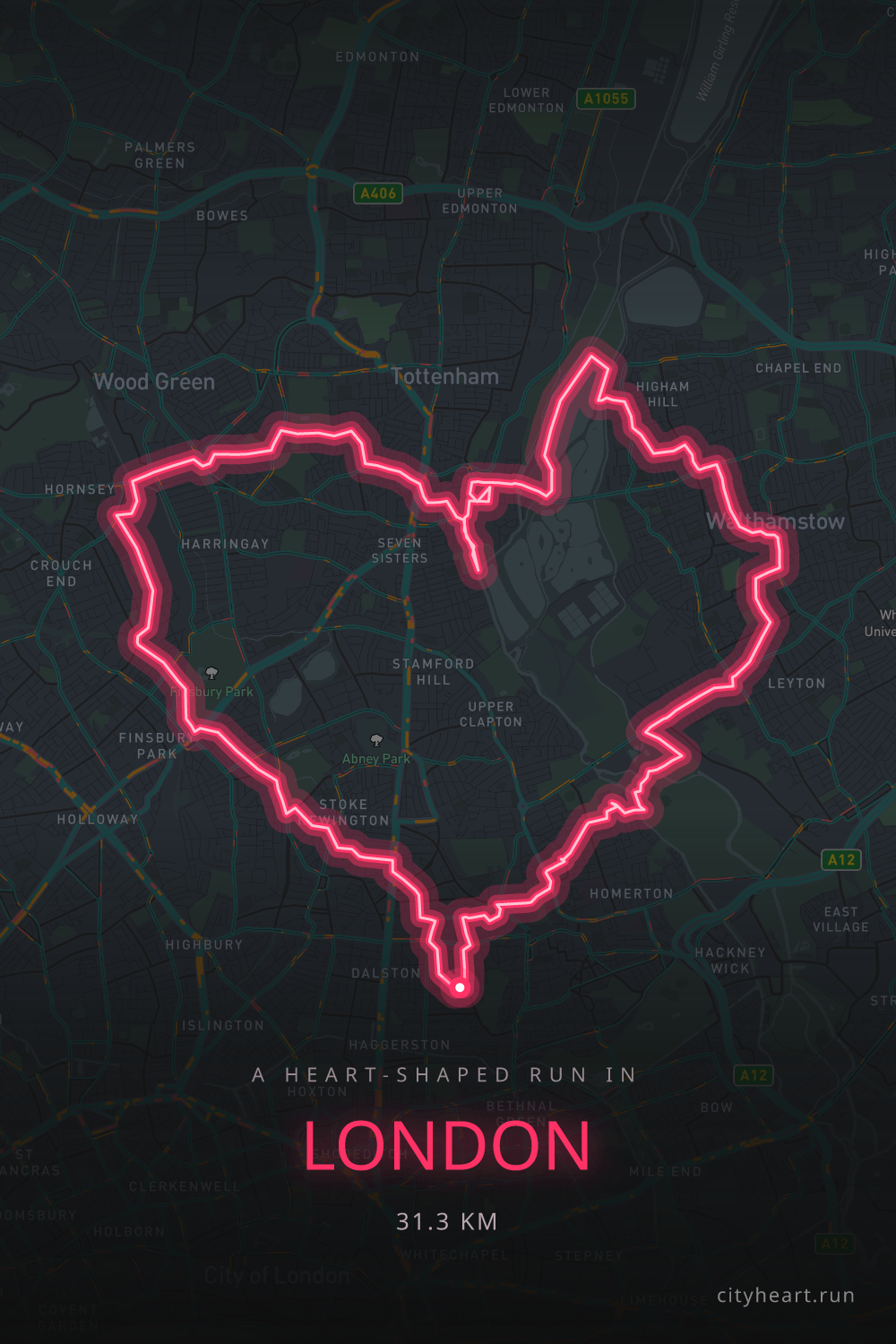 Heart-shaped running route in London, 11.8 km — GPS art for Strava