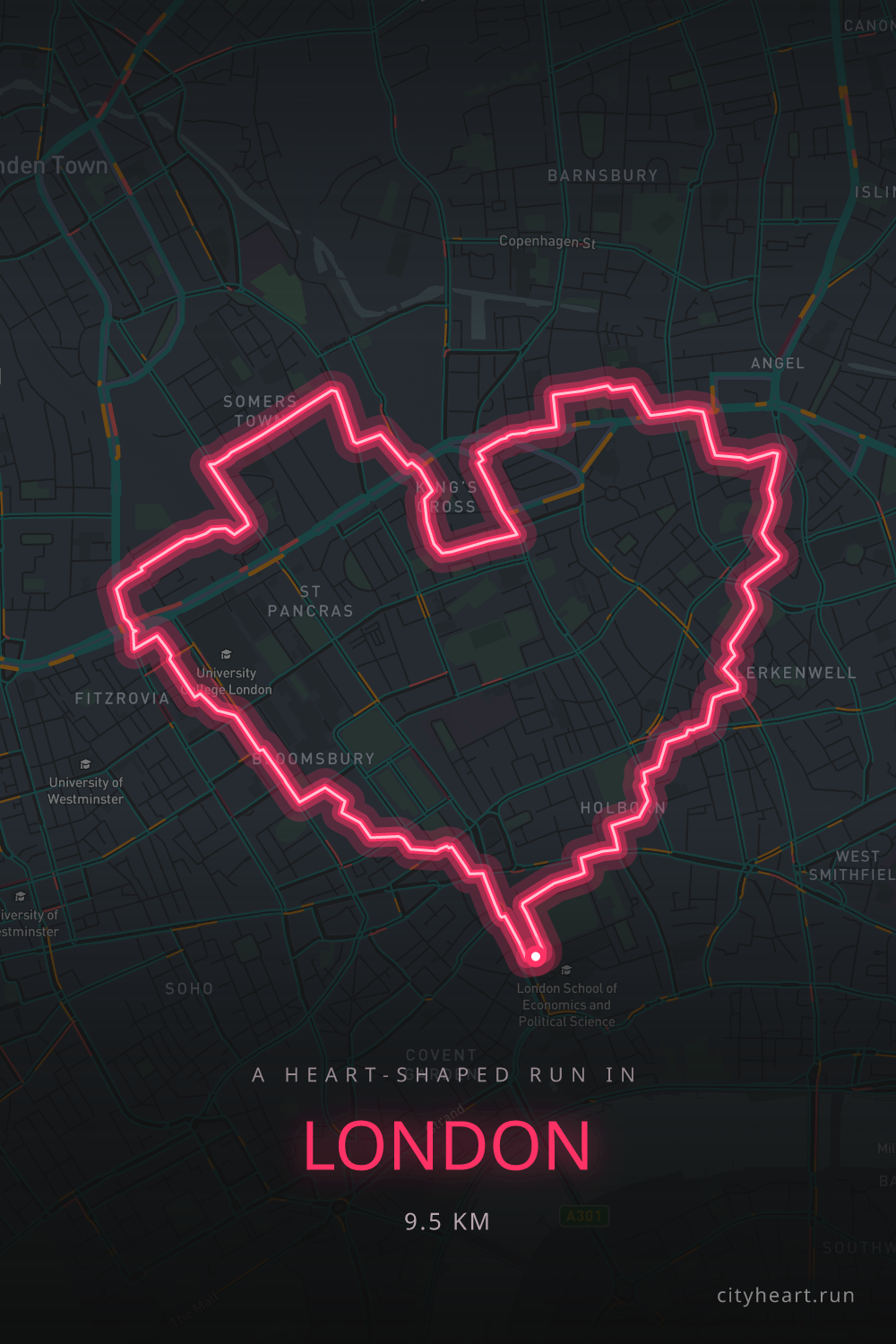 Heart-shaped running route in London, 9.5 km — GPS art for Strava