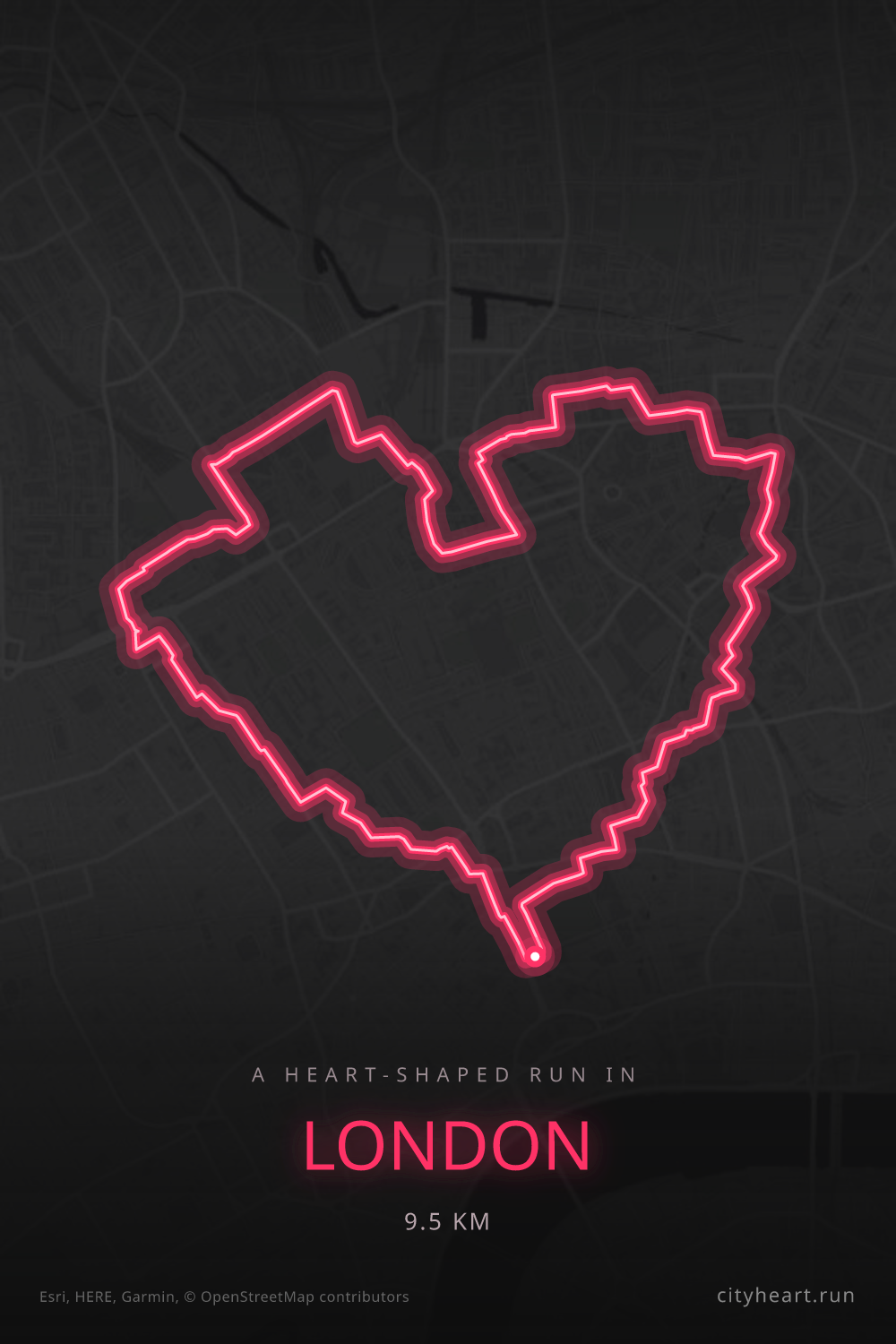 Heart-shaped running route in London, 9.5 km — GPS art for Strava