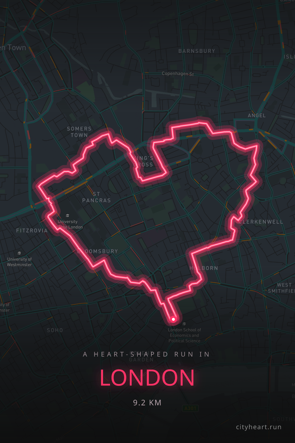 Heart-shaped running route in London, 9.2 km — GPS art for Strava