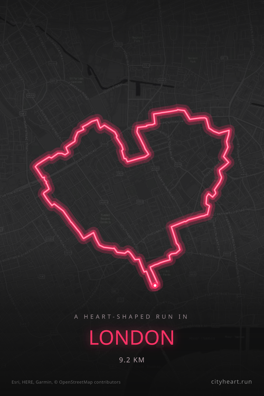 Heart-shaped running route in London, 9.2 km — GPS art for Strava