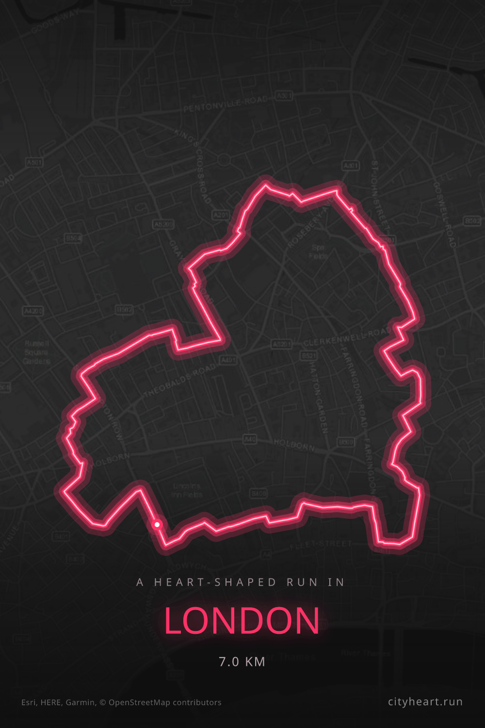 Heart-shaped running route in London, 7.0 km — GPS art for Strava