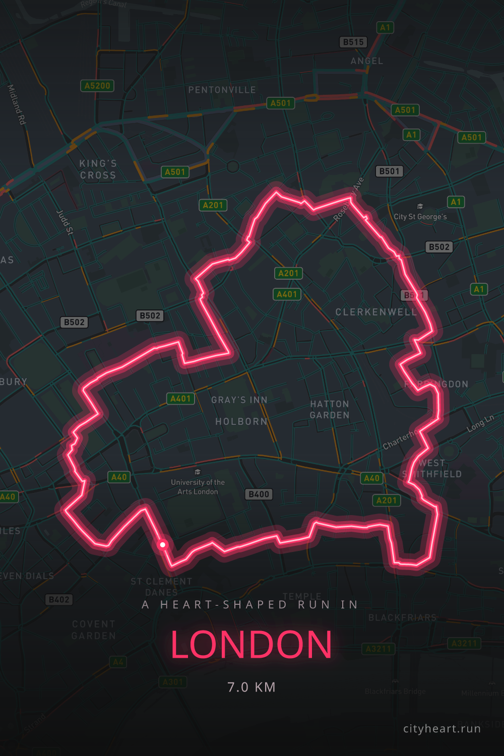 Heart-shaped running route in London, 7.0 km — GPS art for Strava