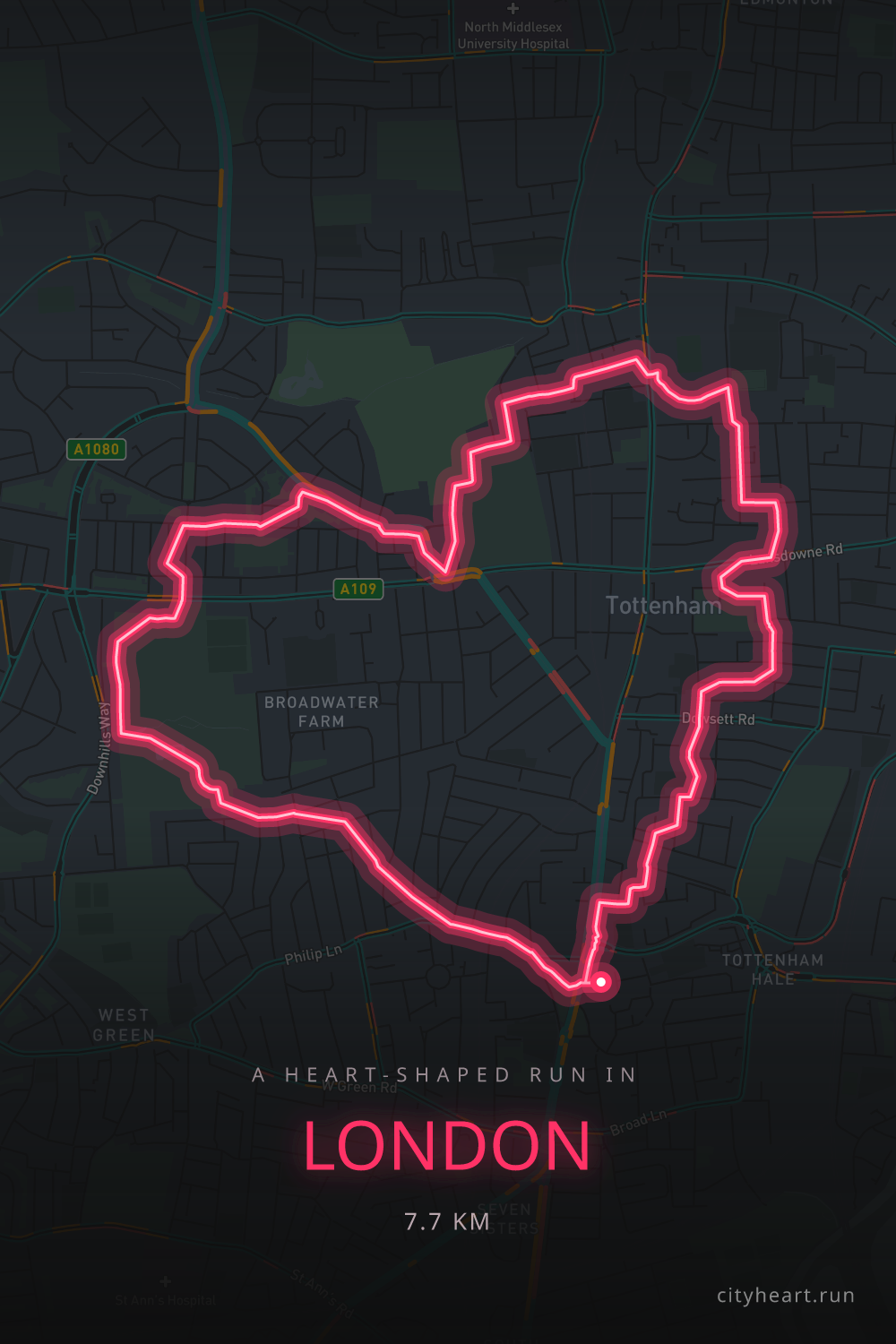 Heart-shaped running route in London, 7.7 km — GPS art for Strava