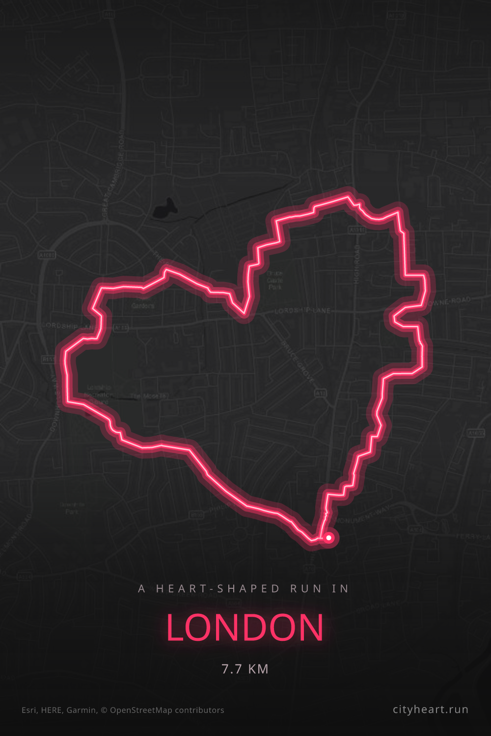 Heart-shaped running route in London, 7.7 km — GPS art for Strava
