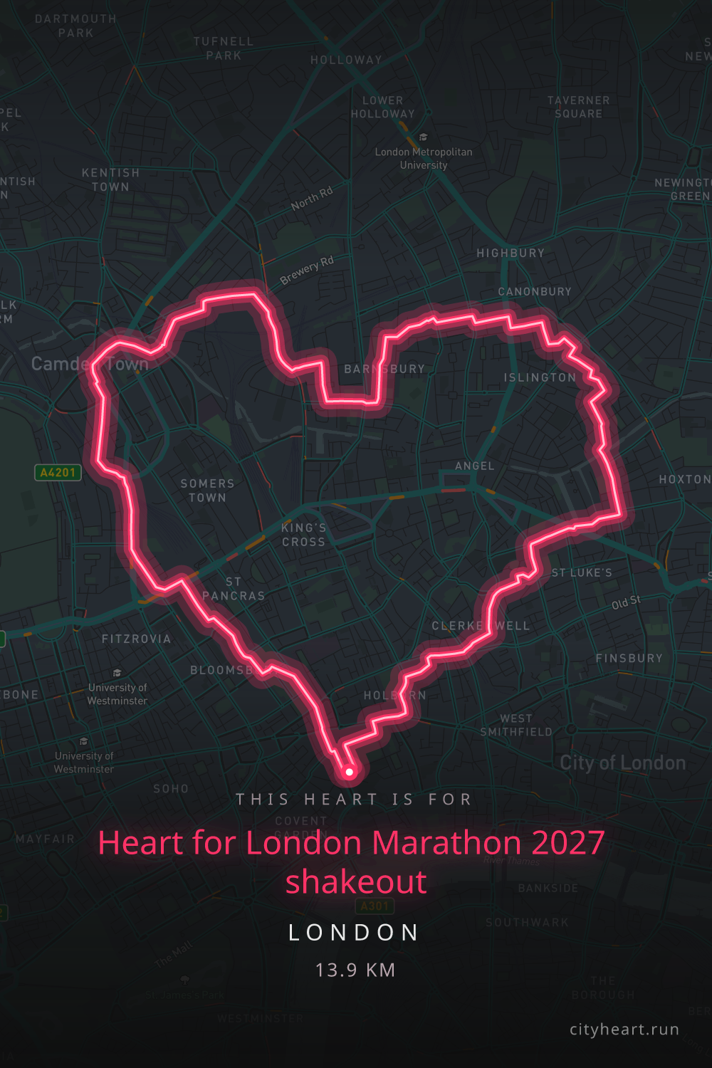 Heart-shaped running route in London, 13.9 km — GPS art for Strava