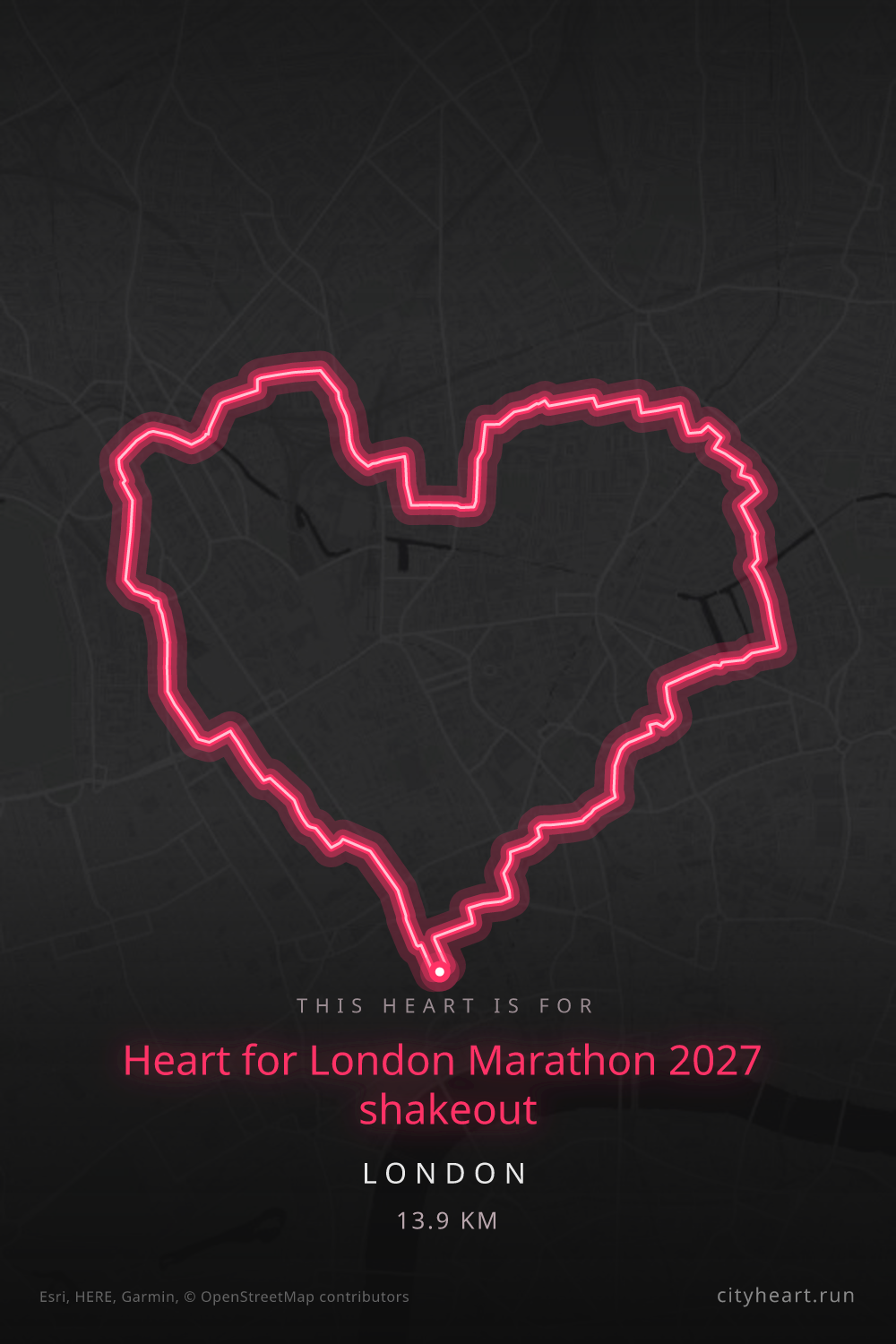 Heart-shaped running route in London, 13.9 km — GPS art for Strava