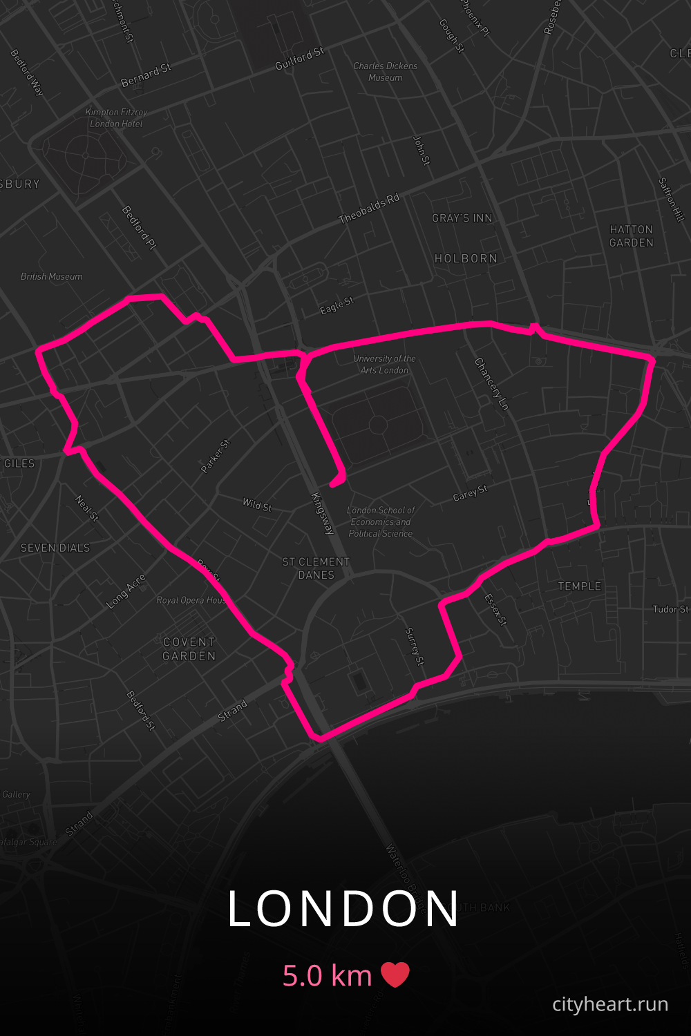 Heart-shaped running route in London, 5.0 km — GPS art for Strava