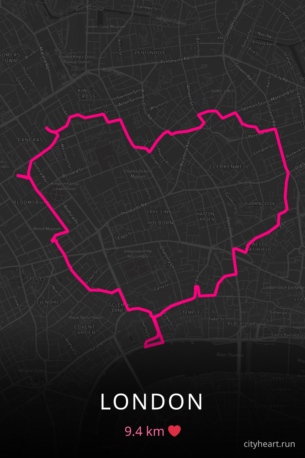 Heart-shaped running route in London, 9.4 km — GPS art for Strava