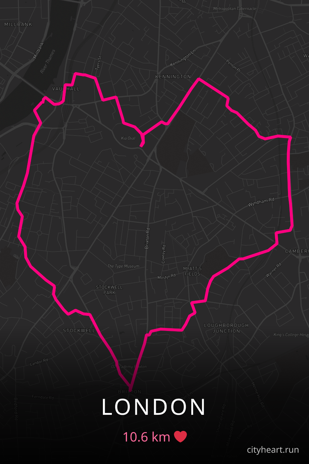 Heart-shaped running route in London, 10.6 km — GPS art for Strava