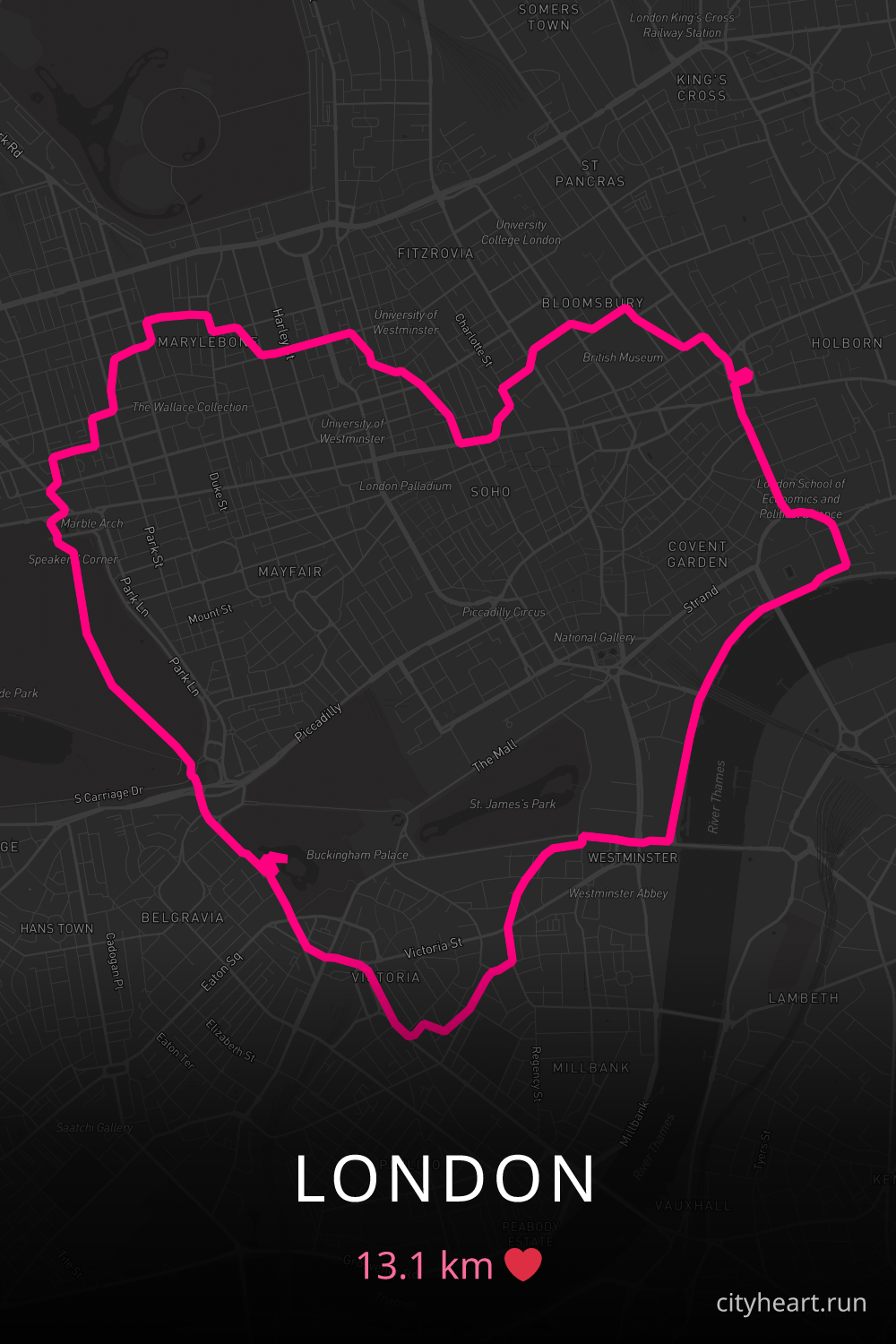 Heart-shaped running route in London, 13.1 km — GPS art for Strava