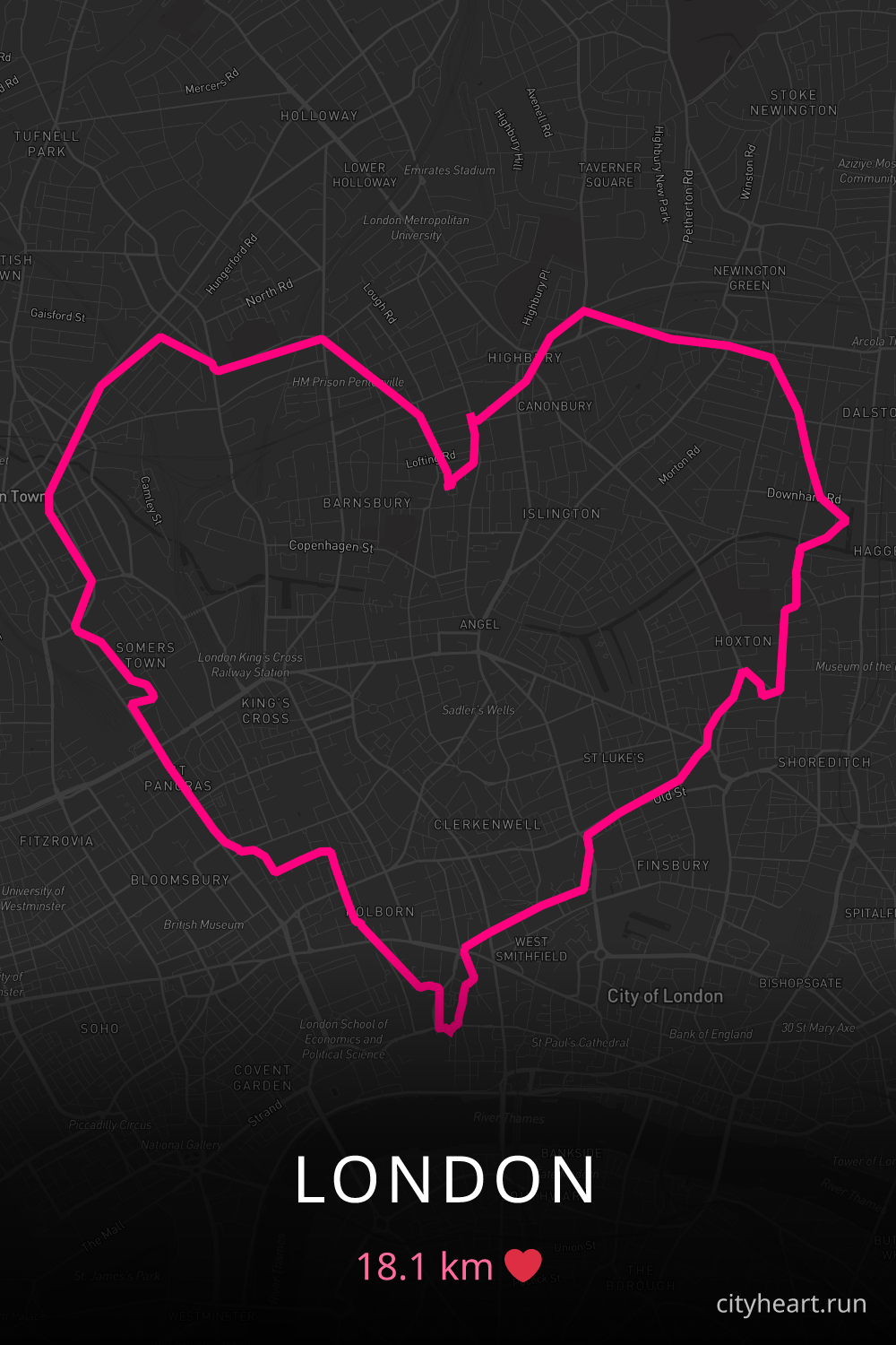 Heart-shaped running route in London, 18.1 km — GPS art for Strava