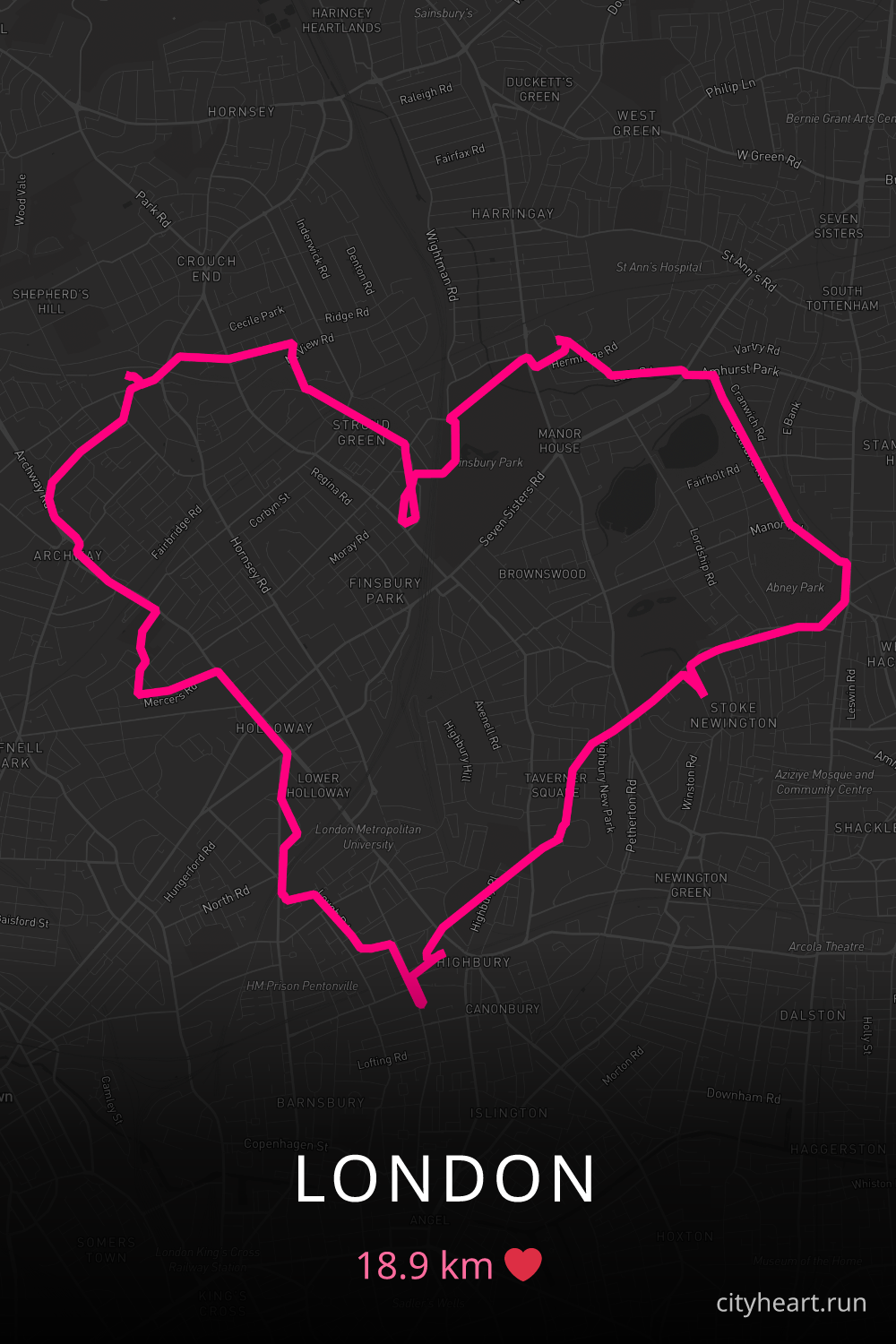 Heart-shaped running route in London, 18.9 km — GPS art for Strava