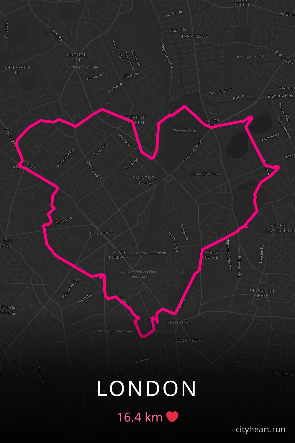 Heart-shaped running route in London, 16.4 km — GPS art for Strava