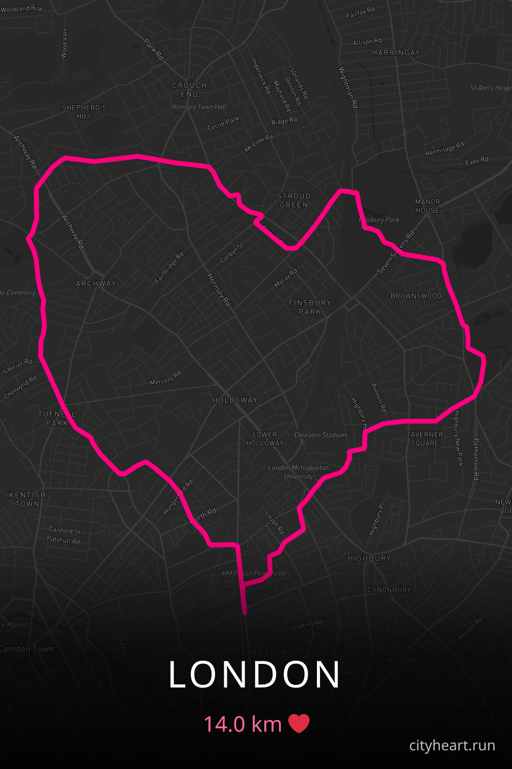 Heart-shaped running route in London, 14.0 km — GPS art for Strava