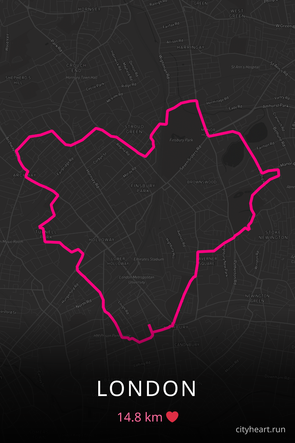 Heart-shaped running route in London, 14.8 km — GPS art for Strava